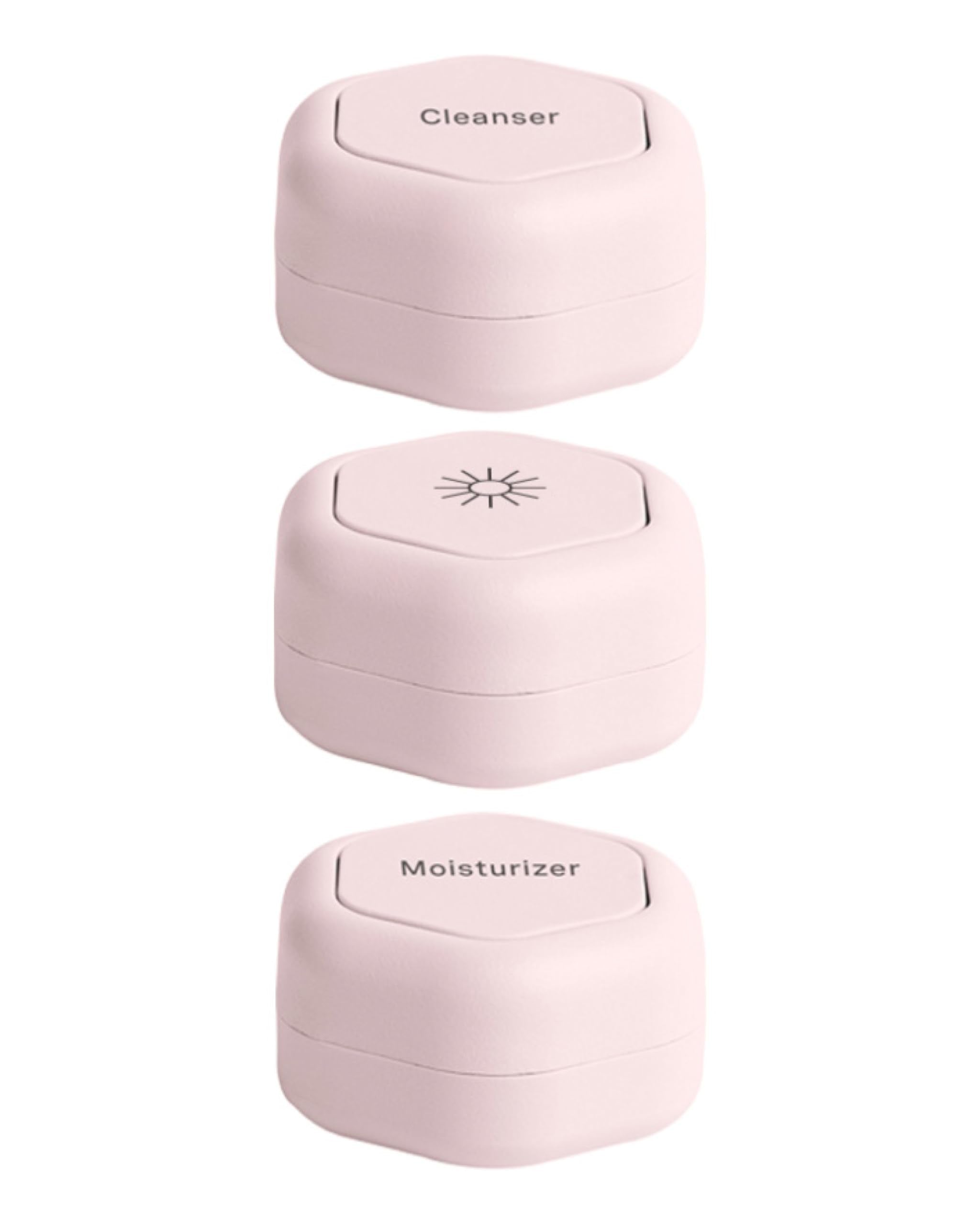 Cadence Travel Containers - Skincare Set - Magnetic Travel Capsules - for Facial Cleanser, Moisturizer, Sunscreen - 3 Small Capsules (0.56oz) with Cleanser, Moisturizer & Sun-Icon Labels - Sand