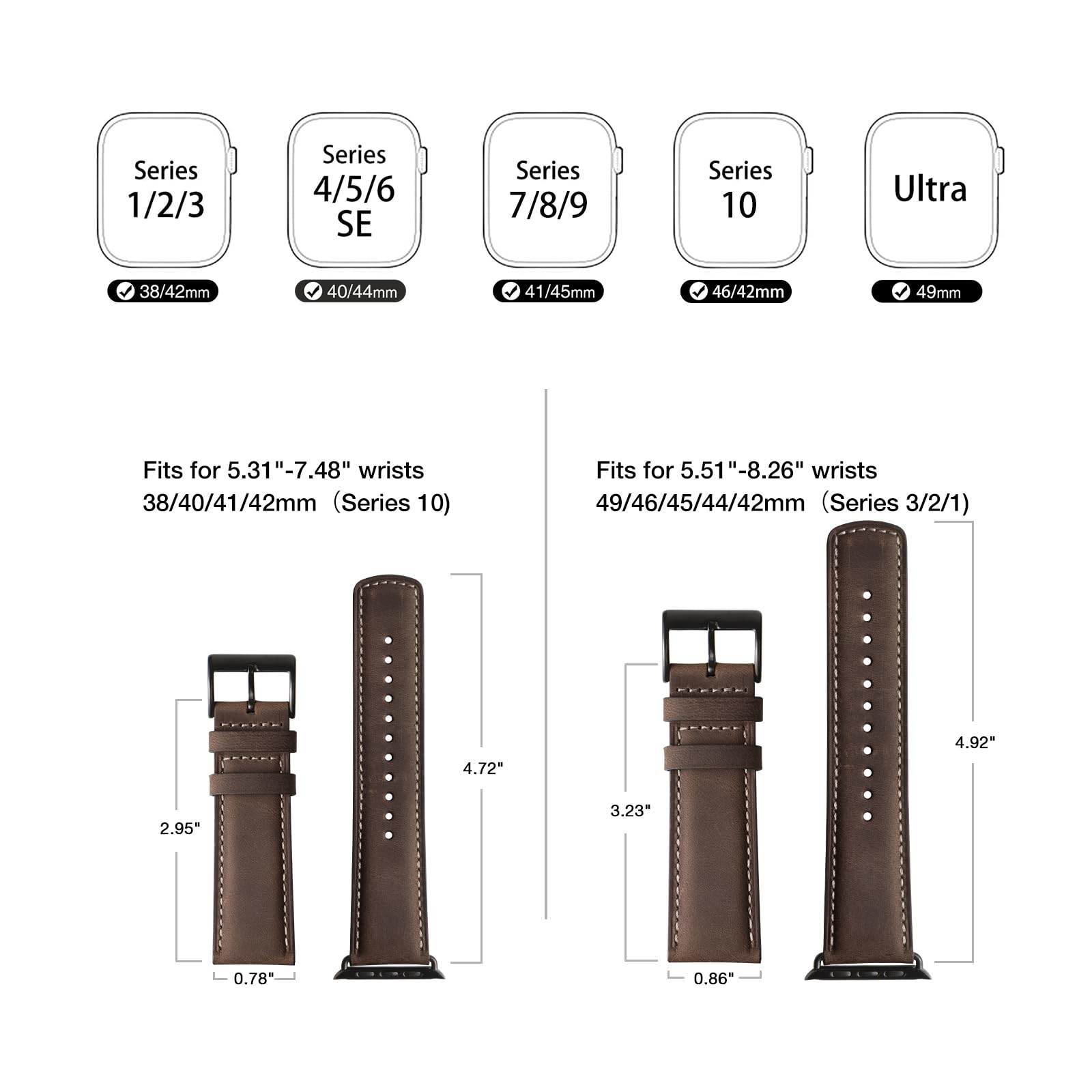 Bestig Compatible with Apple Watch Band 49mm 46mm 45mm 44mm 42mm(Series 3 2 1) Apple Watch Leather Bands Genuine Leather for iWatch Strap Ultra Series 10 9 8 7 6 5 4 SE Women Man-Redbrown/Black