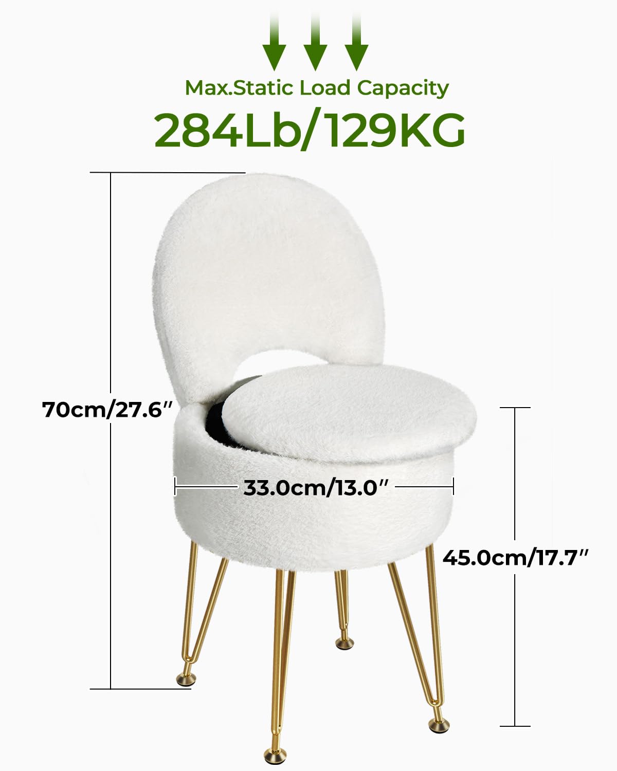Greenstell Vanity Stool with Foldable Back, Vanity Chair with Storage, 13" Dx 27.7" H Faux Fur Soft Ottoman, 4 Metal Legs with Anti-Slip Feet, Small Furry Padded Seat for Makeup, Bedroom, White