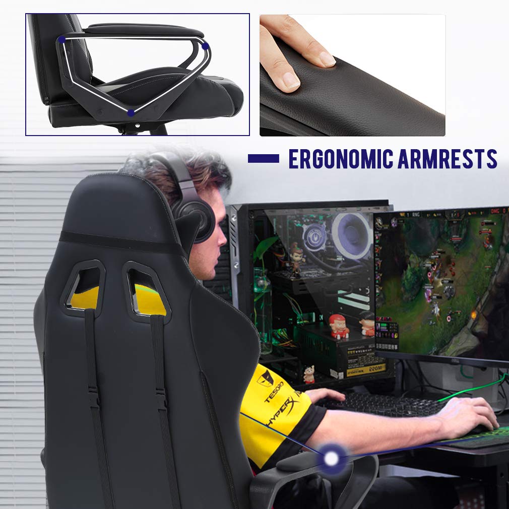 Ergonomic Office Chair, High-Back White Gaming Chair with Lumbar Support PC Computer Chair Racing Chair PU Task Desk Chair Ergonomic Executive Swivel Rolling Chair for Back Pain Women, Men (Black)