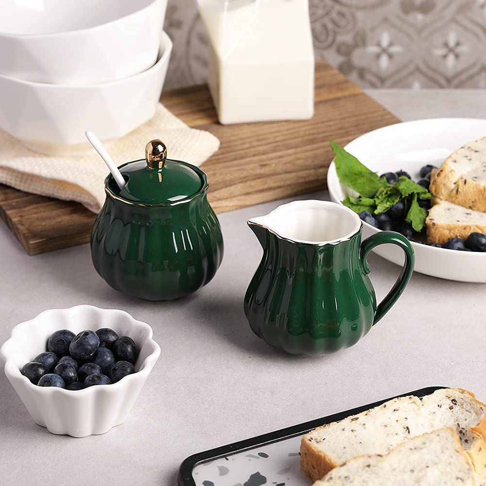 Sweejar Royal Ceramic Sugar and Creamer Set, 3 Piece Set with Cream Pitcher, Sugar Bowl, Sugar Set with Lid & Spoon, Coffee Serving Set Wedding Gift(White)