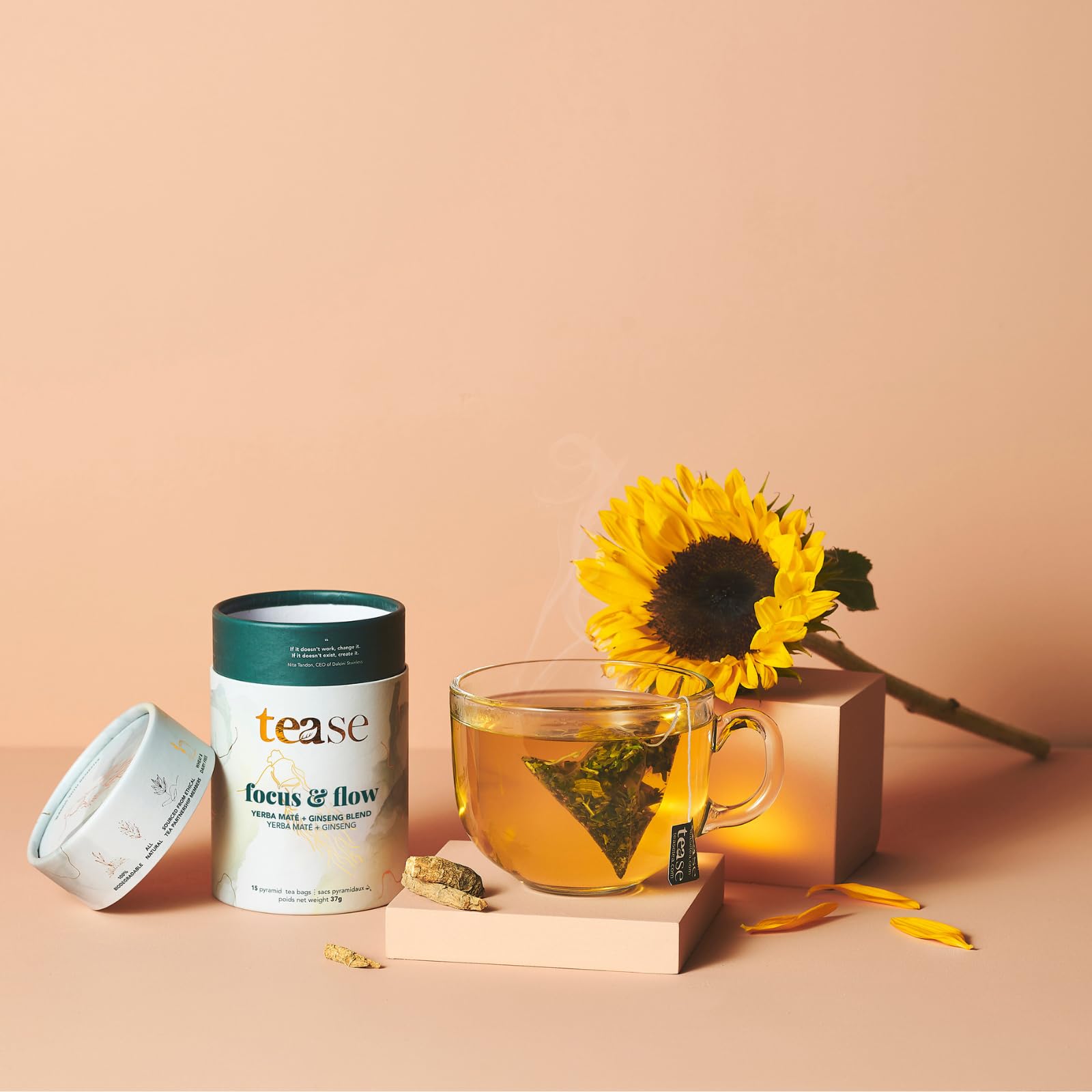 Tease Tea Organic Tea Tube Gift Set | 15 Piece Botanical Pyramid Tea Bag Infuser Sachets Loose Leaf Support Citrusy Blend with Rooibos, Peppermint, Valerian Root Caffeine Free 37g (Golden Slumbers)