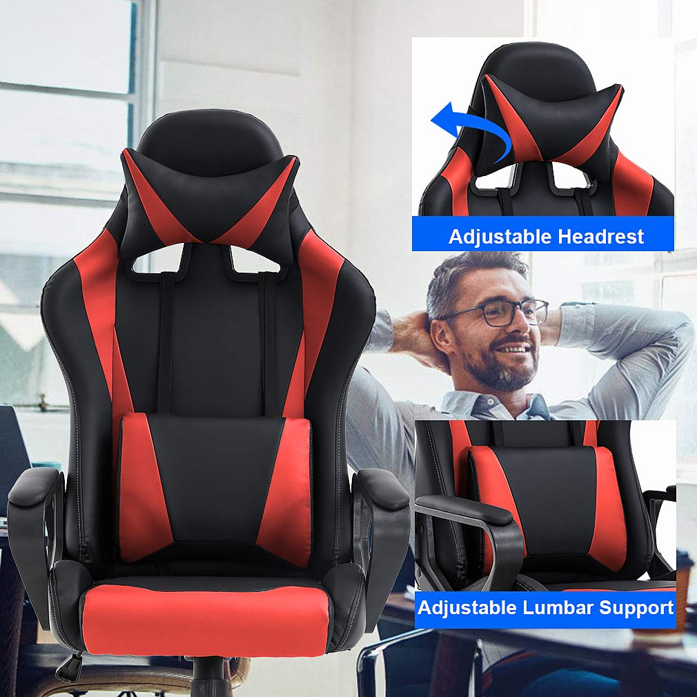 Ergonomic Office Chair, High-Back White Gaming Chair with Lumbar Support PC Computer Chair Racing Chair PU Task Desk Chair Ergonomic Executive Swivel Rolling Chair for Back Pain Women, Men (Black)