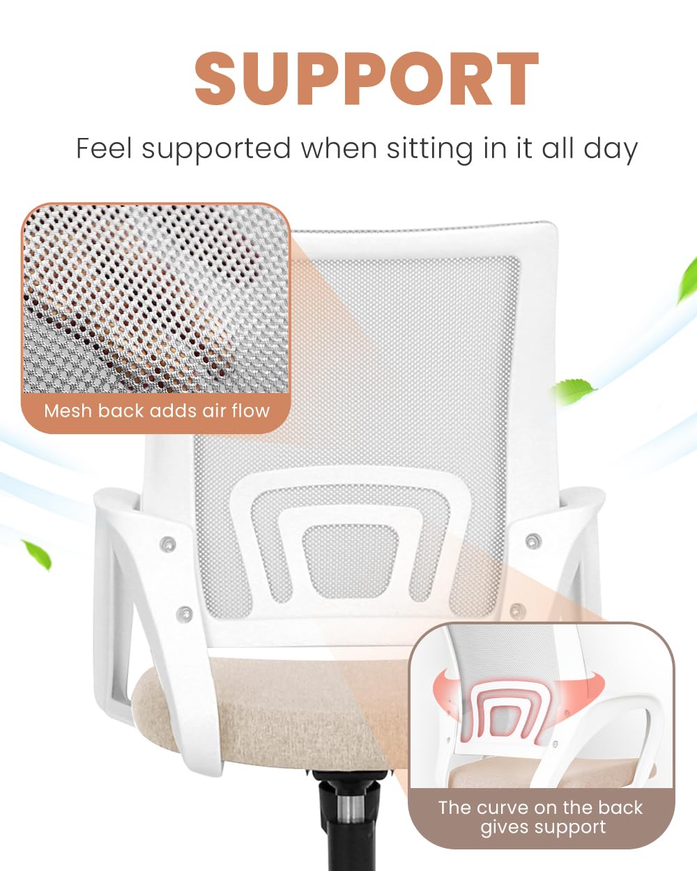 NEO CHAIR Office Chair Computer Desk Chair Gaming Ergonomic Mid Back Cushion Lumbar Support with Comfy Mesh Adjustable Swivel Rolling Home (Beige)