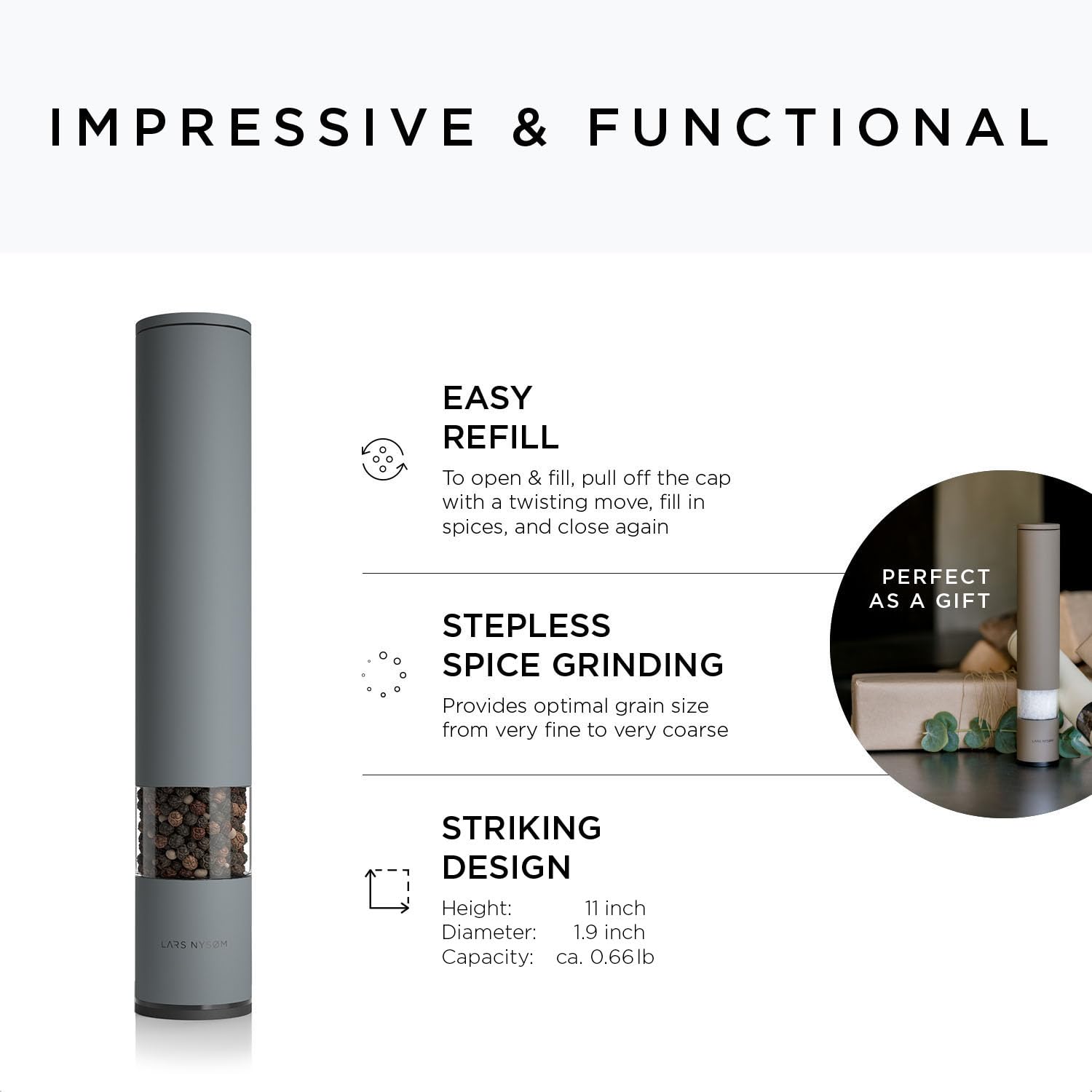 LARS NYSØM Salt and Pepper Mills Set Stainless Steel with Adjustable Ceramic Grinder 2 Pieces I Design Spice Mills Set Manual (Brown/Beige)