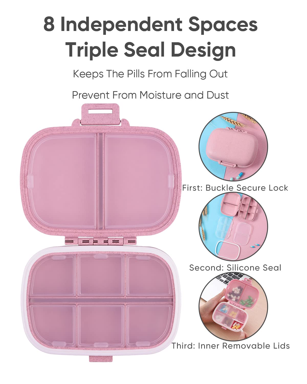 Holii Travel Pill Organizer, 8 Compartments Portable Pill Case, Daily Pill Box to Hold Vitamins, Small Pill Container for Pocket Purse Medicine Organizer(Khaki)