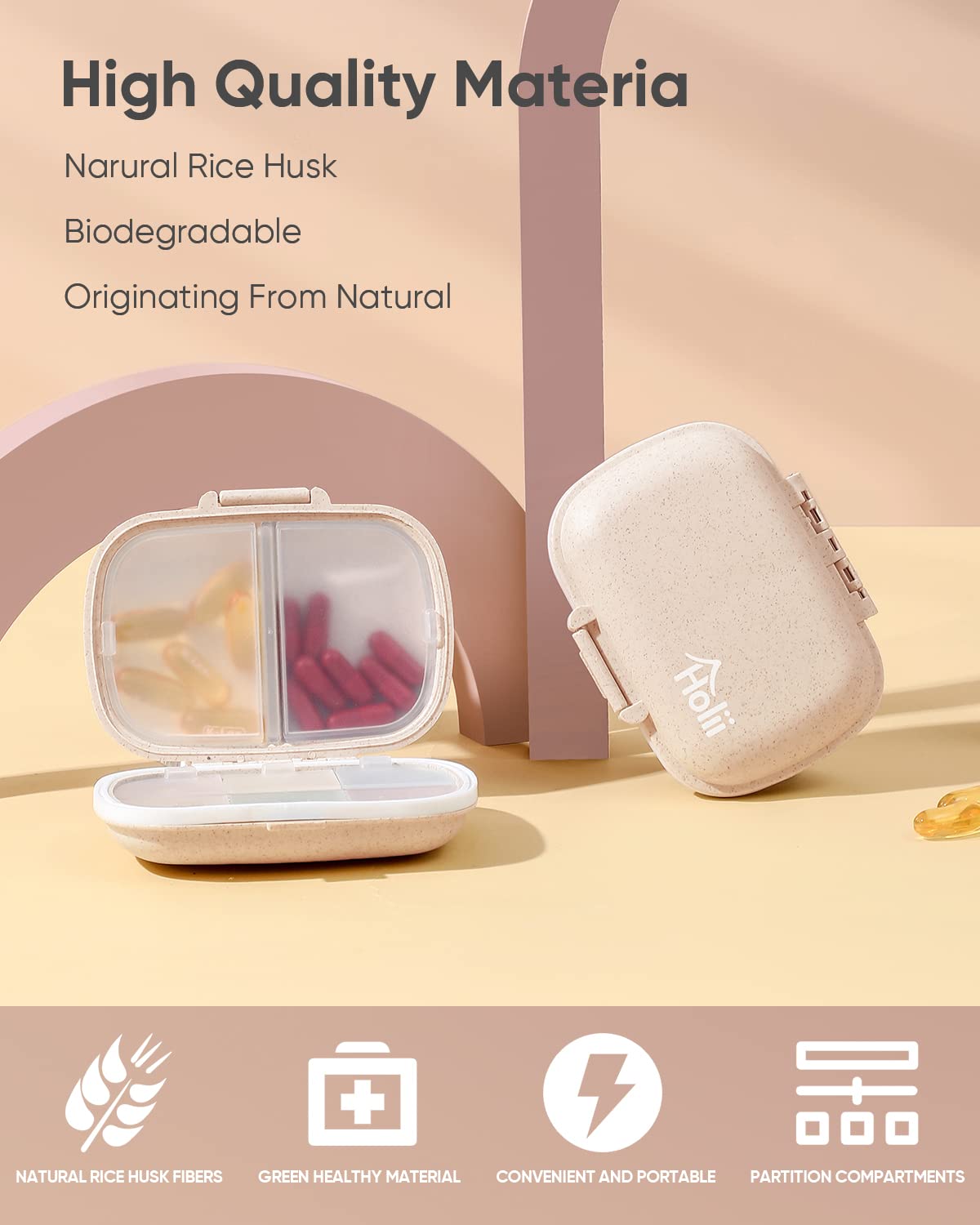 Holii Travel Pill Organizer, 8 Compartments Portable Pill Case, Daily Pill Box to Hold Vitamins, Small Pill Container for Pocket Purse Medicine Organizer(Khaki)