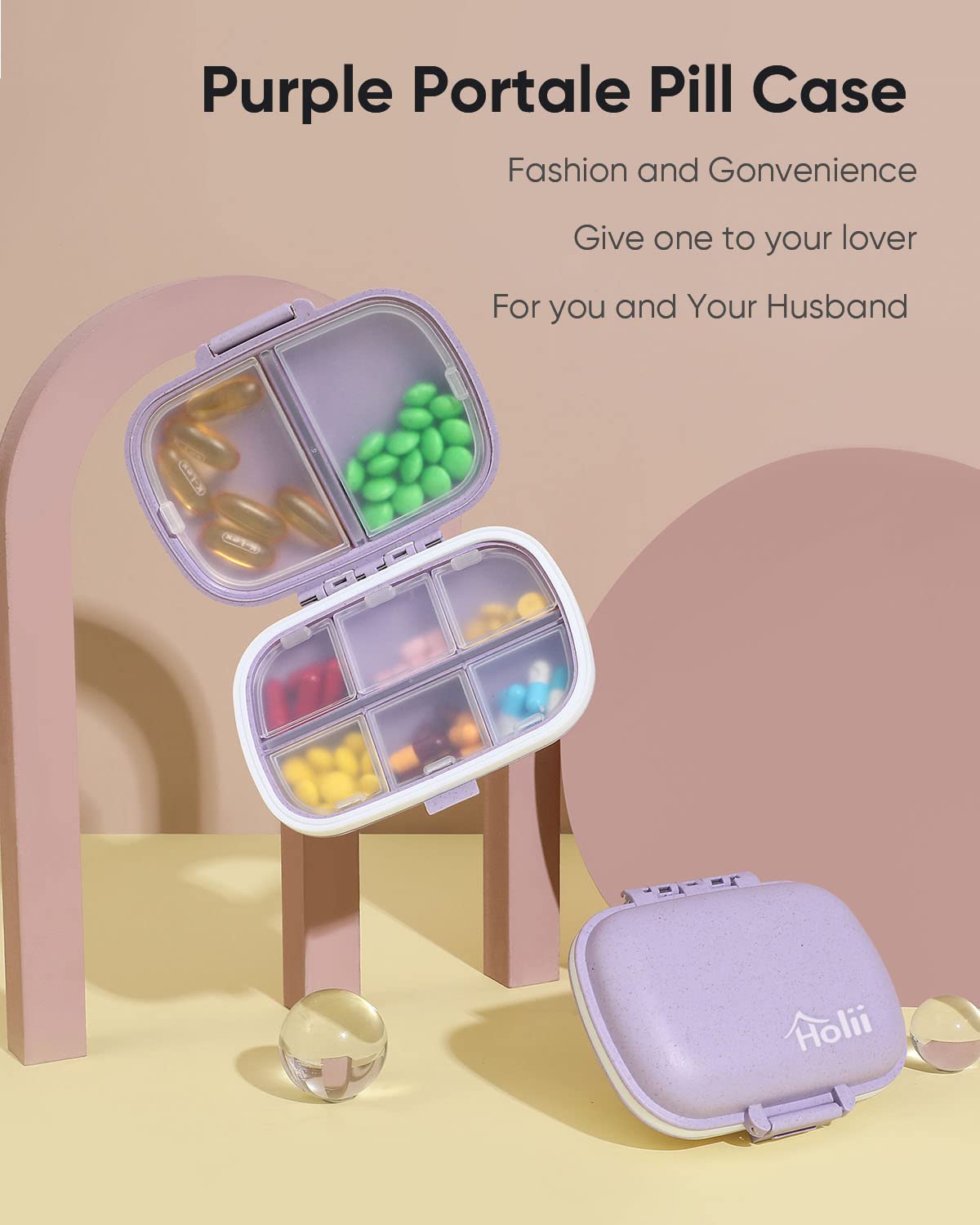 Holii Travel Pill Organizer, 8 Compartments Portable Pill Case, Daily Pill Box to Hold Vitamins, Small Pill Container for Pocket Purse Medicine Organizer(Khaki)