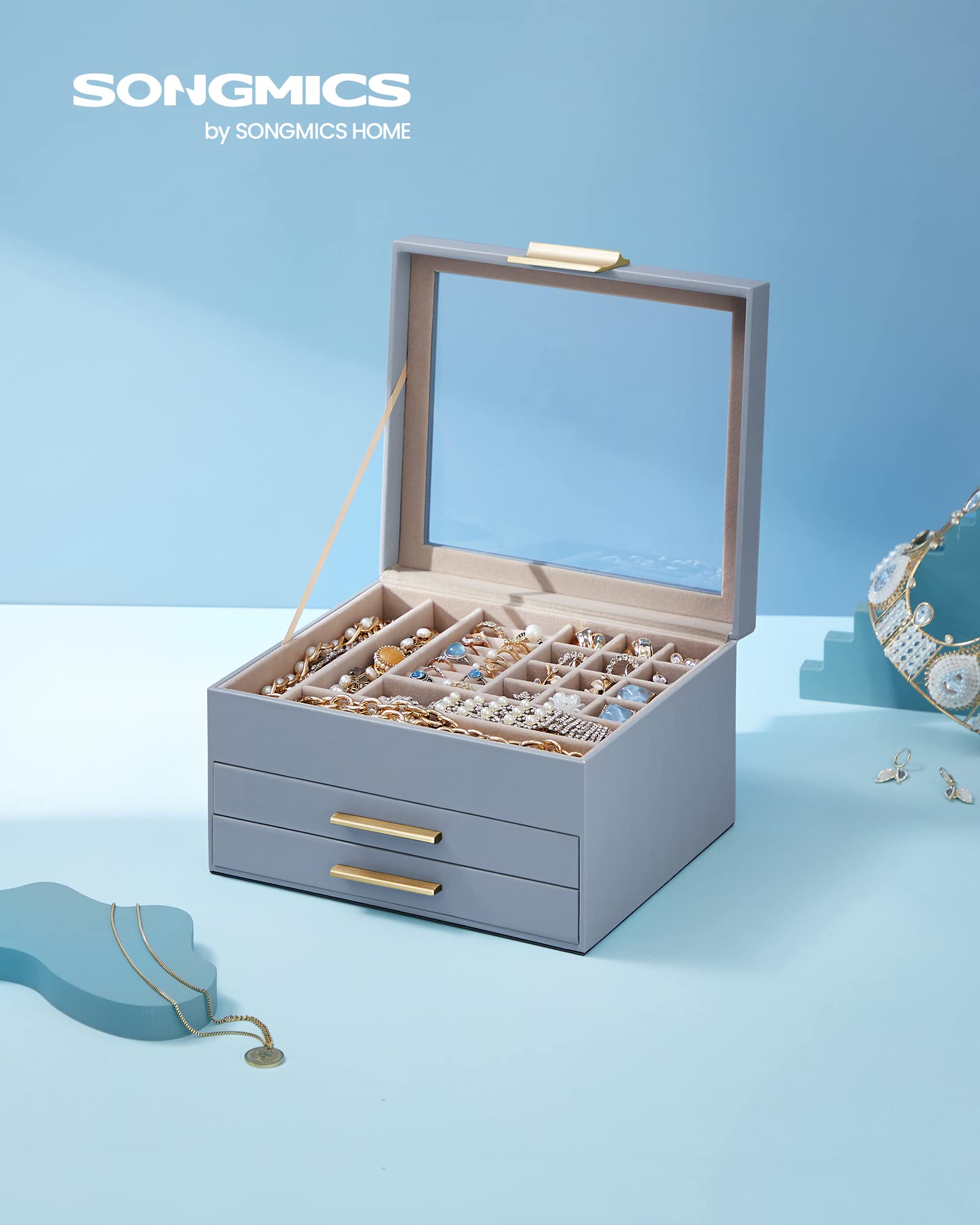 SONGMICS Jewelry Box with Glass Lid, 3-Layer Jewelry Organizer, 2 Drawers, for Big and Small Jewelry, Jewelry Storage, Modern Style, 8 x 9.1 x 5.3 Inches, Cloud White and Gold Color UJBC239WT