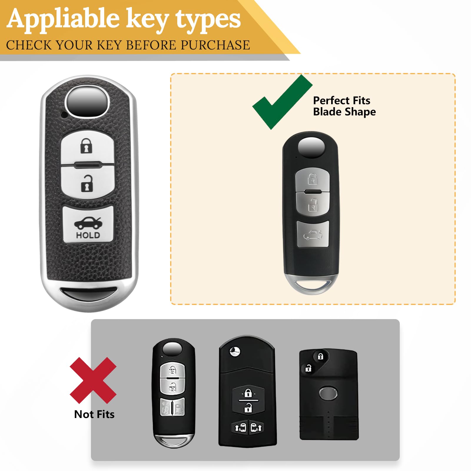 Cadillac Key Fob Cover with Metal Braided Rope Keychain, Upgraded Soft Key Case for 2015-2019 Escalade CTS SRX XT5 ATS STS CT6 (5 Button) (Gold Edge)