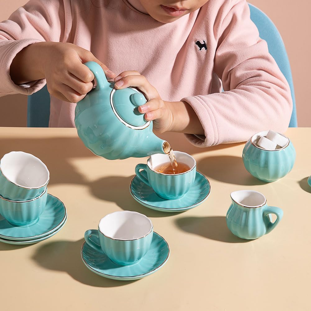 Sweejar Porcelain Tea Set for Little Girls,Kitchen Toys Tea Party Set for Kids Toddler Kitchen Pretend Toy Include Children Teapot, Cup & Saucer Set of 4, Sugar Bowl and Cream Pitcher(Pink)
