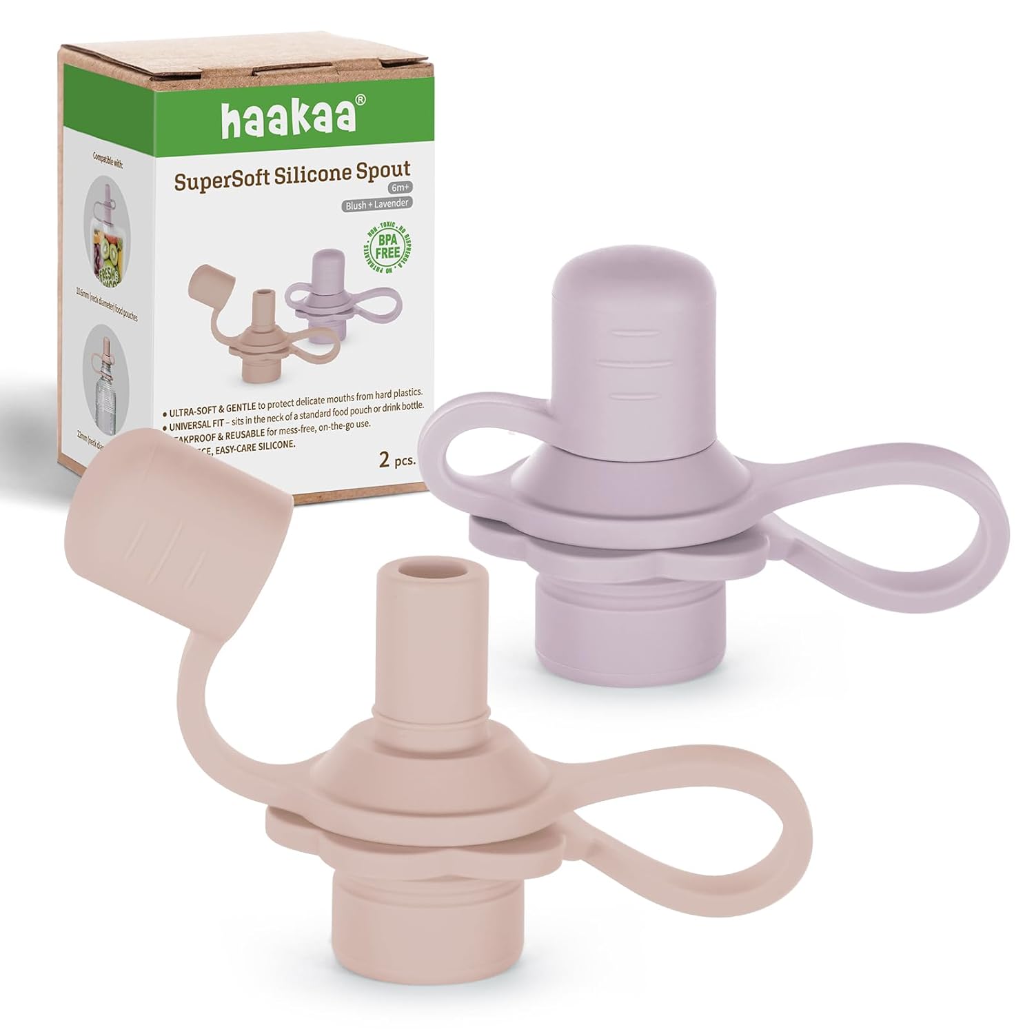 haakaa Multi-Functional Silicone Spout,Baby Pouch Topper,No Spill Silicone Bottle Top,100% Food Grade Silicone,2 Pack