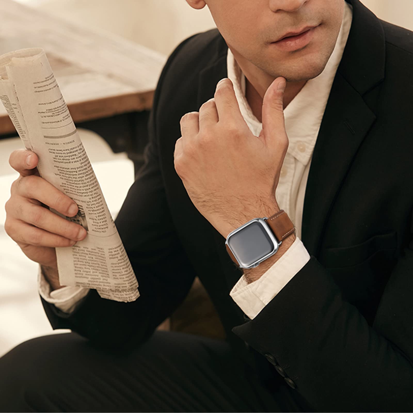 Bestig Compatible with Apple Watch Band 49mm 46mm 45mm 44mm 42mm(Series 3 2 1) Apple Watch Leather Bands Genuine Leather for iWatch Strap Ultra Series 10 9 8 7 6 5 4 SE Women Man-Redbrown/Black