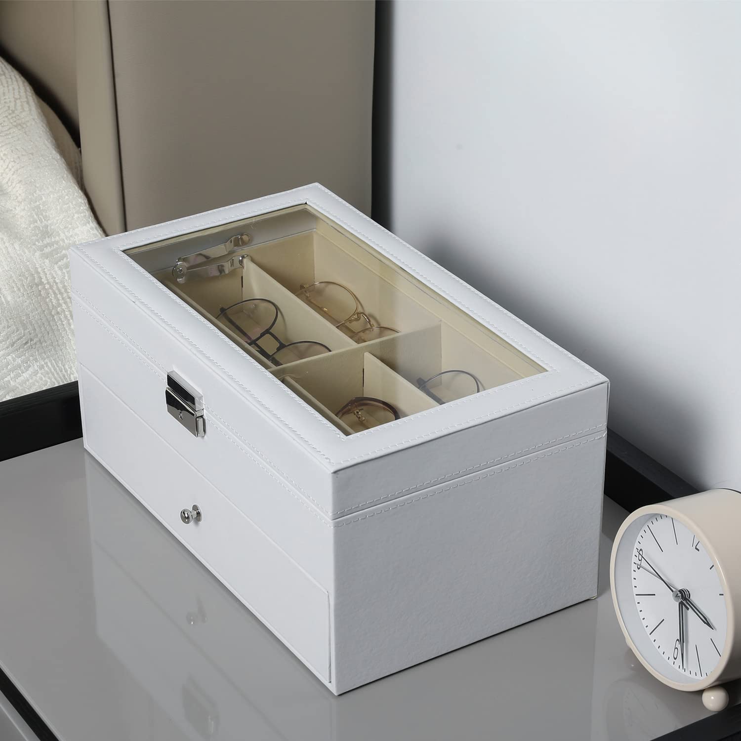 MyGift Deluxe White Wood Sunglasses Organizer, Eyewear Display Box, 2 Layer Storage Case with Glass Lid and Leatherette Trim, Holds up to 12 Pairs of Glasses