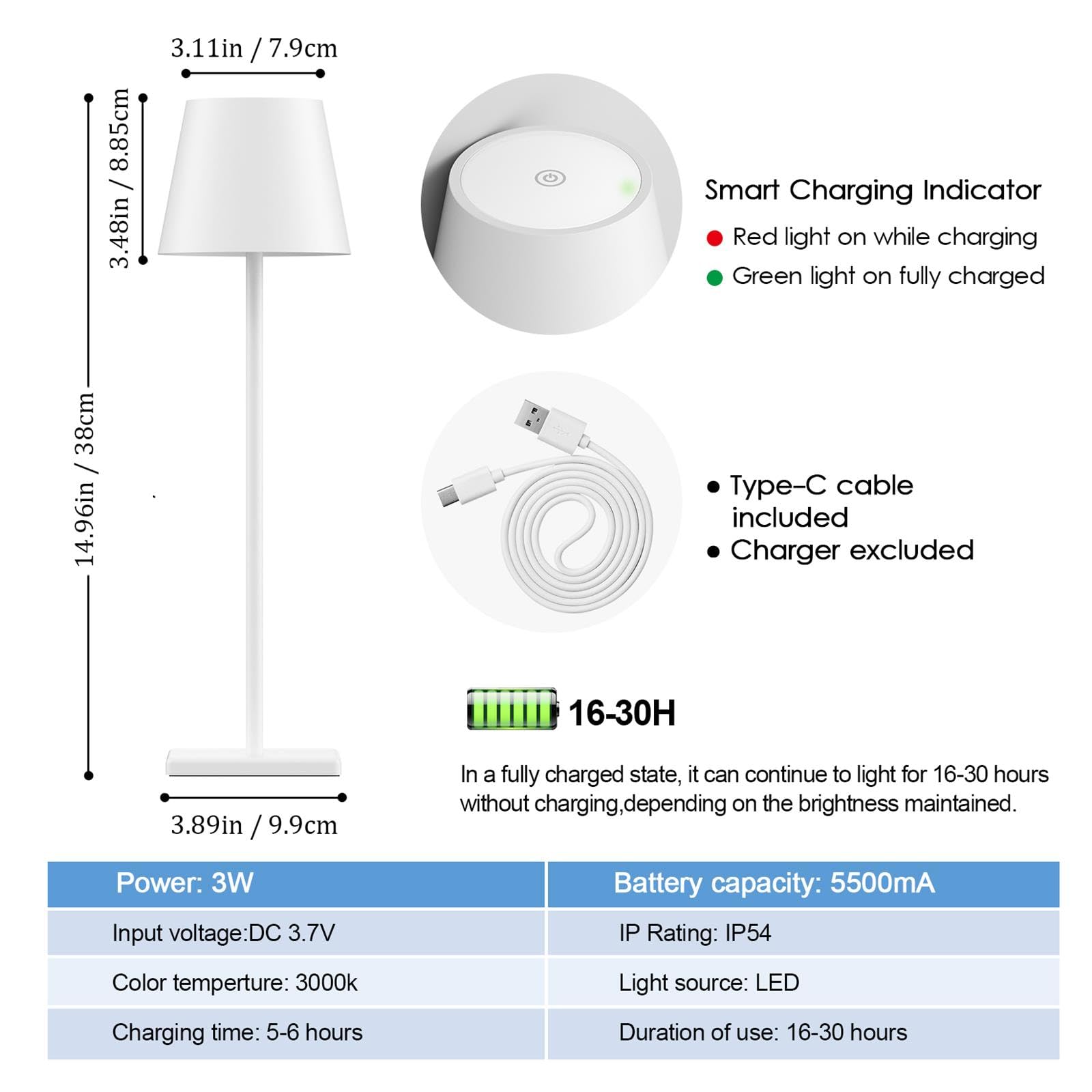 2-Pack LED Cordless Table Lamp, Rechargeable Battery Desk lamp 3W 5500mAh Battery Operated Stepless Dimming Modern Portable Table Light for Restaurant/Bedroom/Outdoor IP54 Waterproof (Off White)