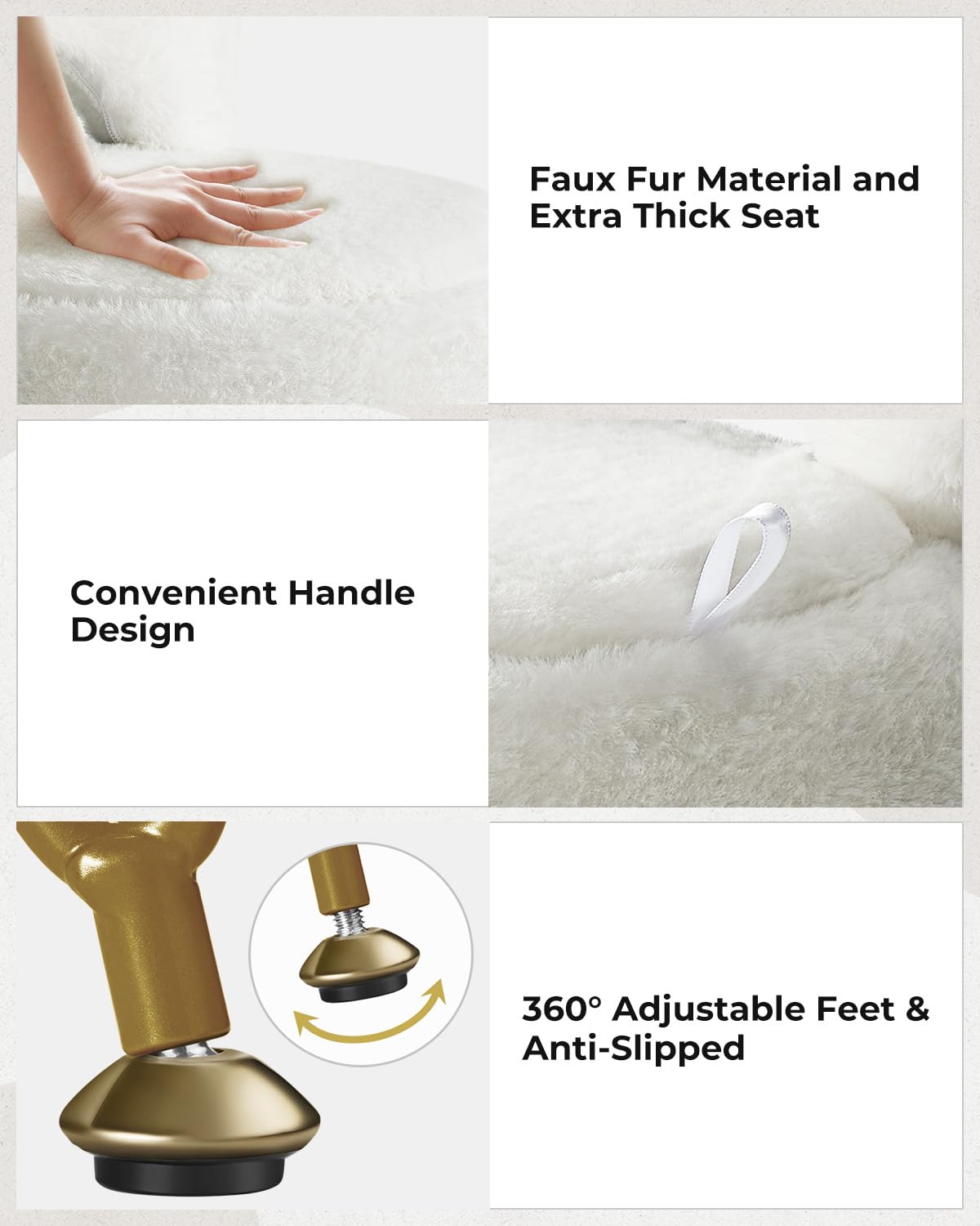 Greenstell Vanity Stool with Foldable Back, Vanity Chair with Storage, 13" Dx 27.7" H Faux Fur Soft Ottoman, 4 Metal Legs with Anti-Slip Feet, Small Furry Padded Seat for Makeup, Bedroom, White