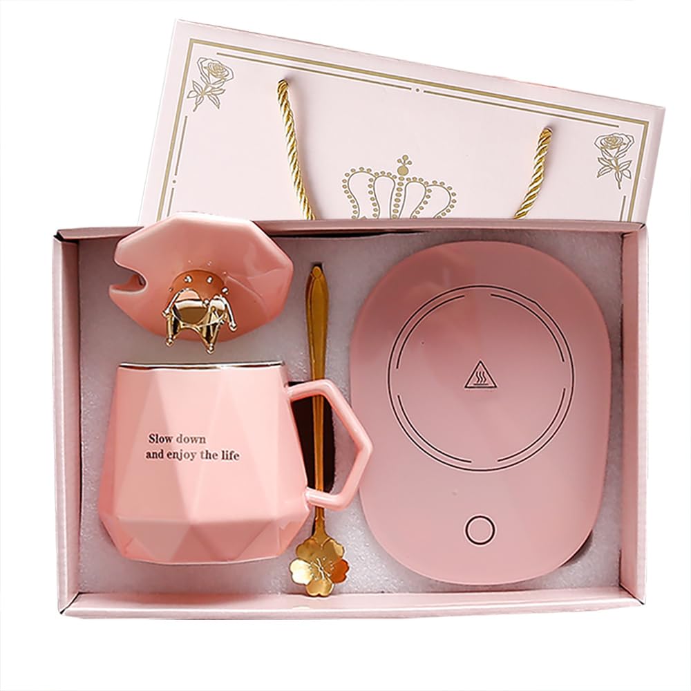 Coffee Warmer for Desk, with Mug Set. Cup Warmer with Automatic Shut Off, Drink Warmer for Cocoa, Tea, Milk. Gift for Women‘s Day Best Friend Woman Bestie Ladies Aunt Friends Birthday(Pink)
