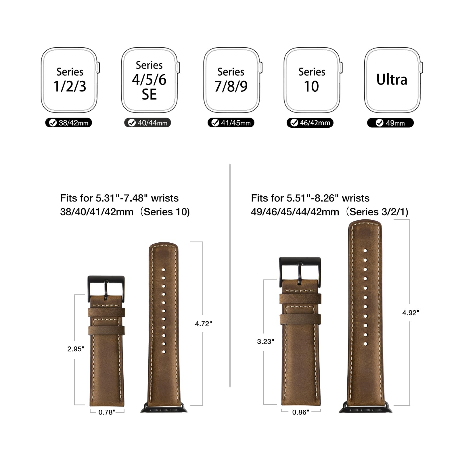 Bestig Compatible with Apple Watch Band 49mm 46mm 45mm 44mm 42mm(Series 3 2 1) Apple Watch Leather Bands Genuine Leather for iWatch Strap Ultra Series 10 9 8 7 6 5 4 SE Women Man-Redbrown/Black