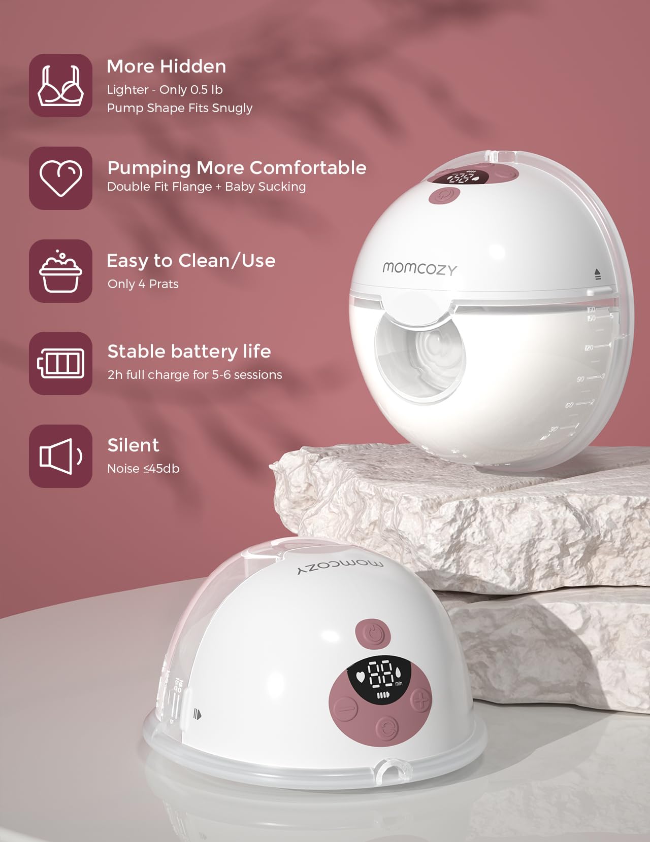 Momcozy Breast Pump Hands Free M5, Wearable Breast Pump of Baby Mouth Double-Sealed Flange with 3 Modes & 9 Levels, Electric Breast Pump Portable - 24mm, 2 Pack Mint