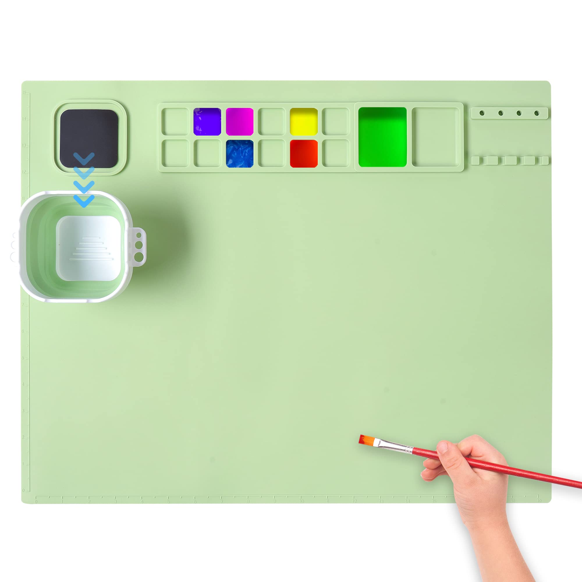 AWOKE Silicone Painting Mat - 20"X16" Silicone Art Mat with 1 Water Cup for Kids - Silcone Craft Mat has12 Color Dividers - 2 Paint Dividers (White)