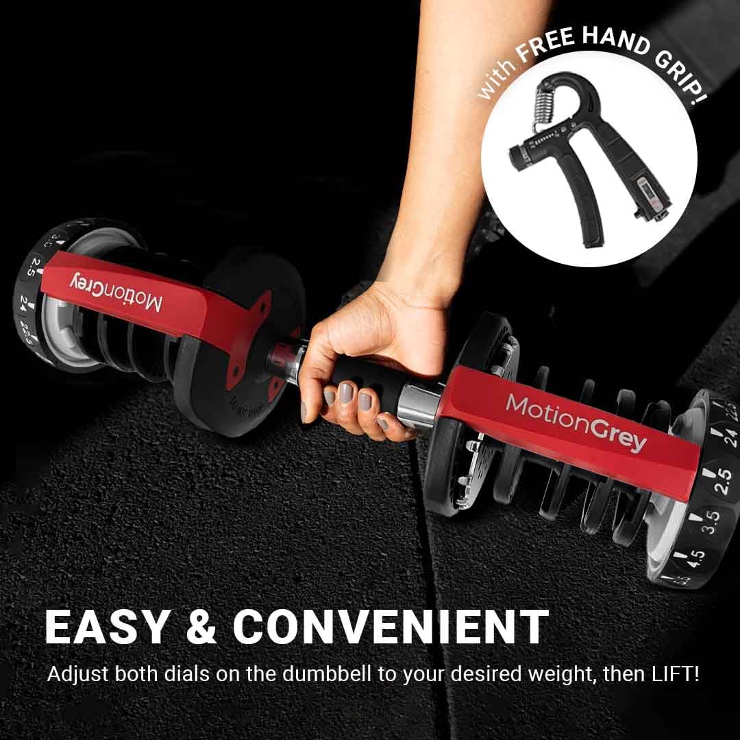 MotionGrey Adjustable Dumbbell Set 5 to 52.5LBs, Weights Dumbbells set of 2, Bonus High Strength Hand Grip, Home Gym Barbell 10 lb dumbbells pair