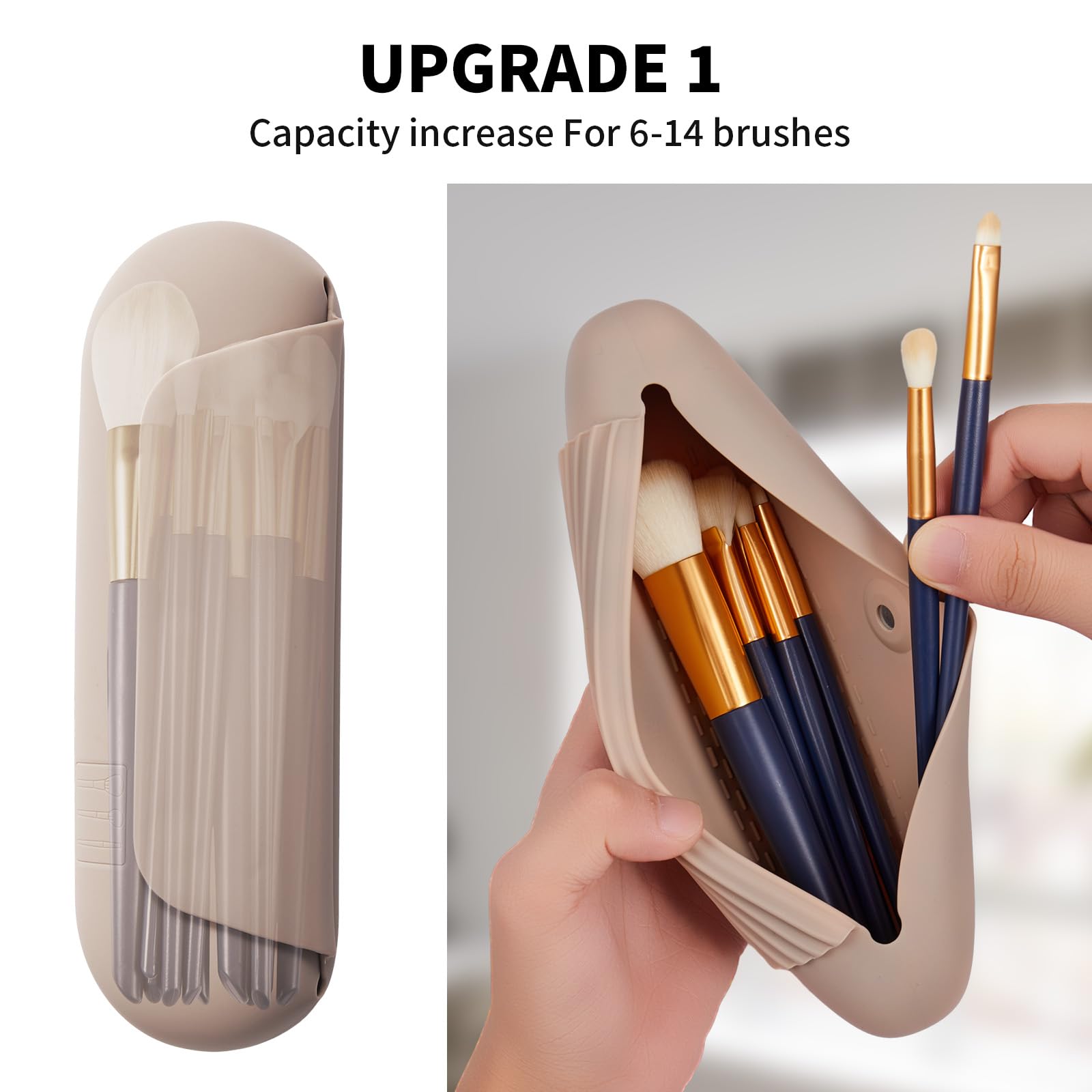 AGIKET Silicone Makeup Brush Holder Travel Cosmetic Bag:Soft Portable Cosmetic Face Brushes Holder with Upgrade Anti-Fall Out Magnetic Closure, Large Travel Makeup Brush Case - Walnut