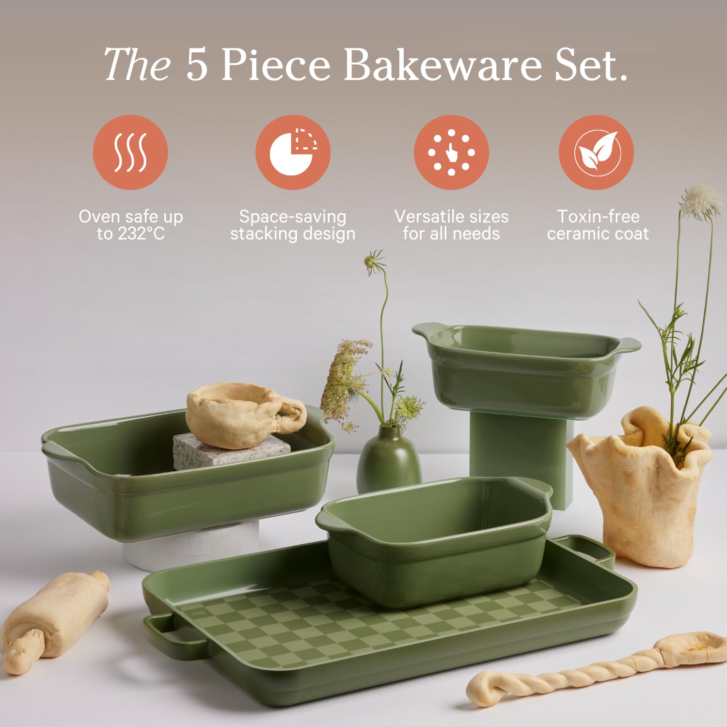 Our Place Bakeware Set | 5-Piece Nonstick, Toxin-Free, Ceramic, Stoneware Set with Oven Pan, Bakers, & Oven Mat | Space-Saving Nesting Design | Oven-Safe | Bake, Roast, Griddle and more | Steam