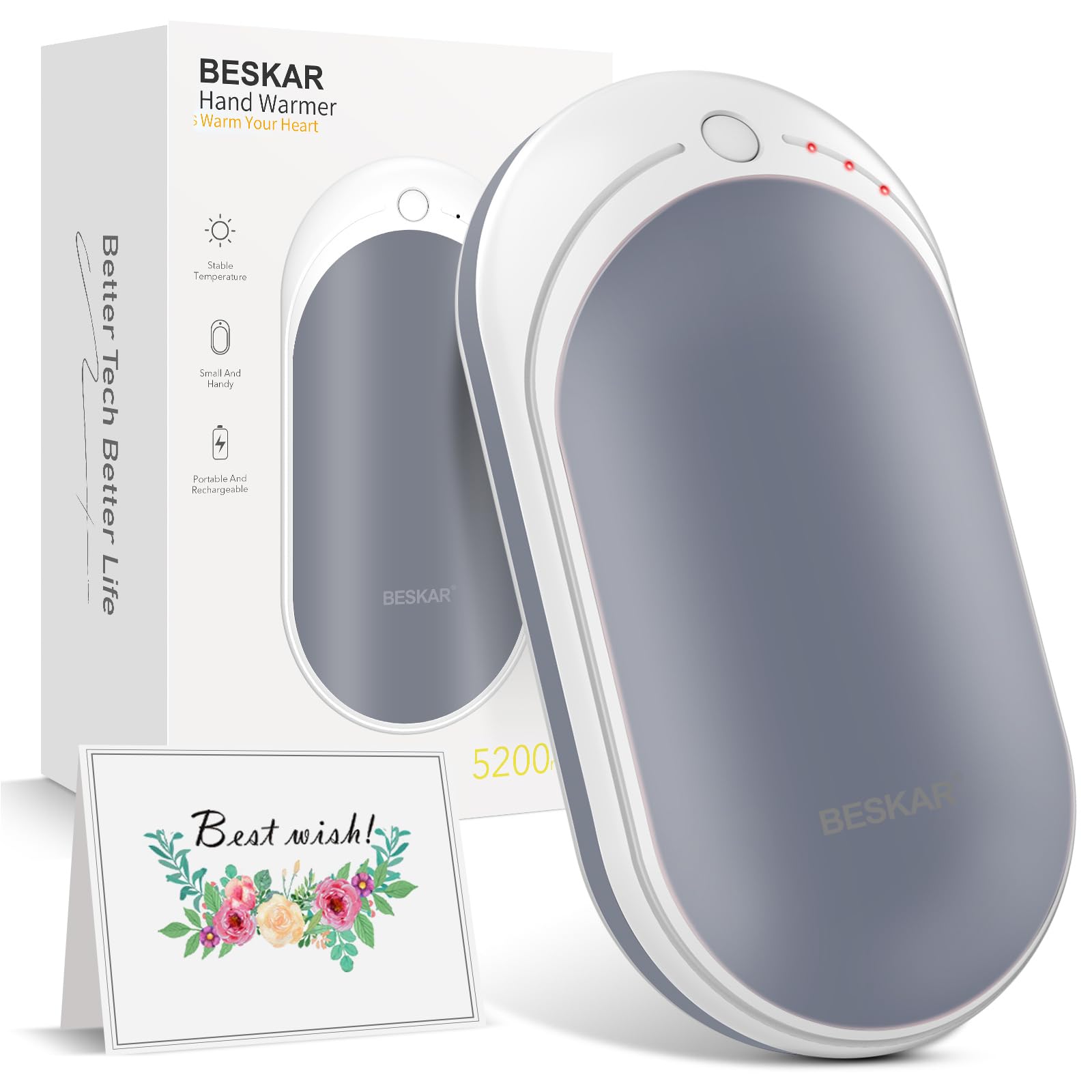 BESKAR Rechargeable Hand Warmer, 5200mAh Electric Hand Heater, Double-Sided Heating, USB Quick Charge, Portable Pocket Hand Warmer for Outdoor, Golf, Raynauds - Winter Gift