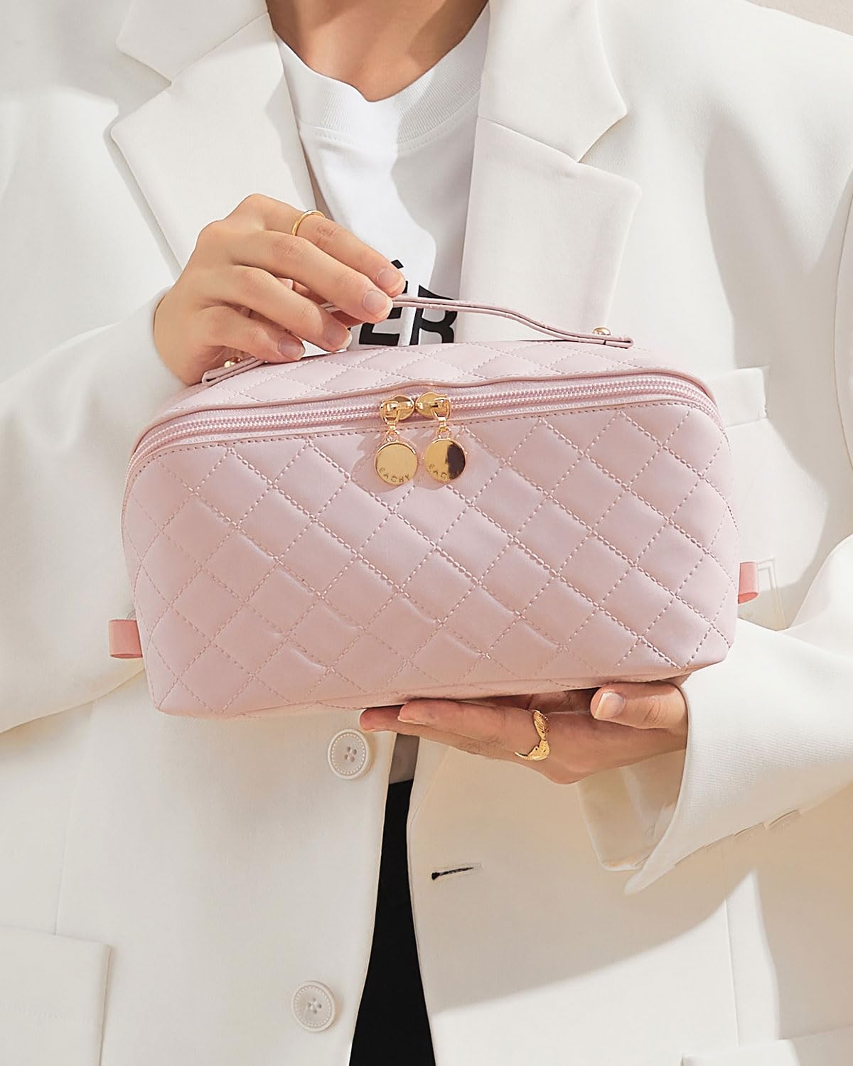 EACHY Travel Makeup Bag,Large Capacity Cosmetic Bags for Women,Waterproof Portable Pouch Open Flat Toiletry Bag Make up Organizer with Divider and Handle