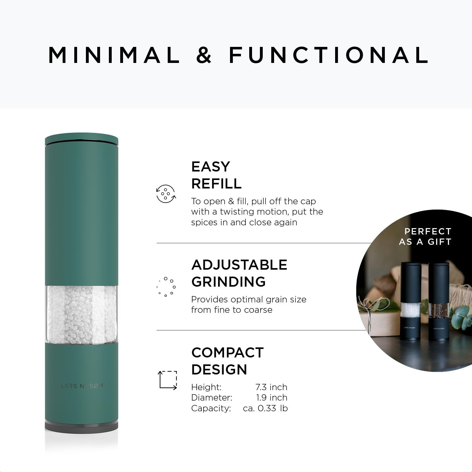 LARS NYSØM Salt and Pepper Mills Set Stainless Steel with Adjustable Ceramic Grinder 2 Pieces I Design Spice Mills Set Manual (Brown/Beige)