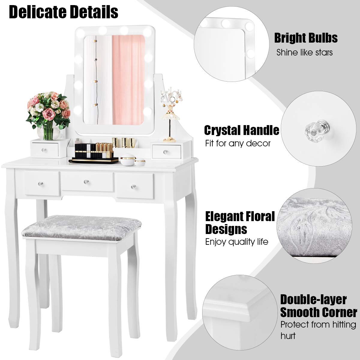 DORTALA Vanity Table Set with 360° Mirror & Cushioned Stool, Makeup Table with 10 LED Dimmable Bulbs, Bedroom Wood Dressing Table with 5 Drawers and Removable Box Organizer, Gift for Females (White)