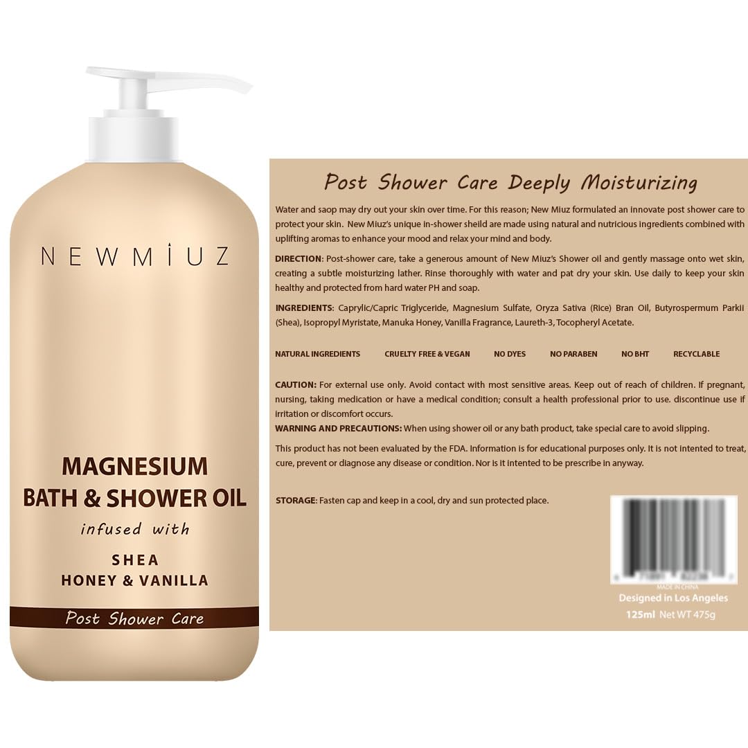 Magnesium Shower Oil Body Wash - Natural Post Shower Care for Dry Skin in Shower Cleansing & Softening Moisturizing Body Legs Non Greasy Shea Honey Vanilla Spa Self Care Spa Gift