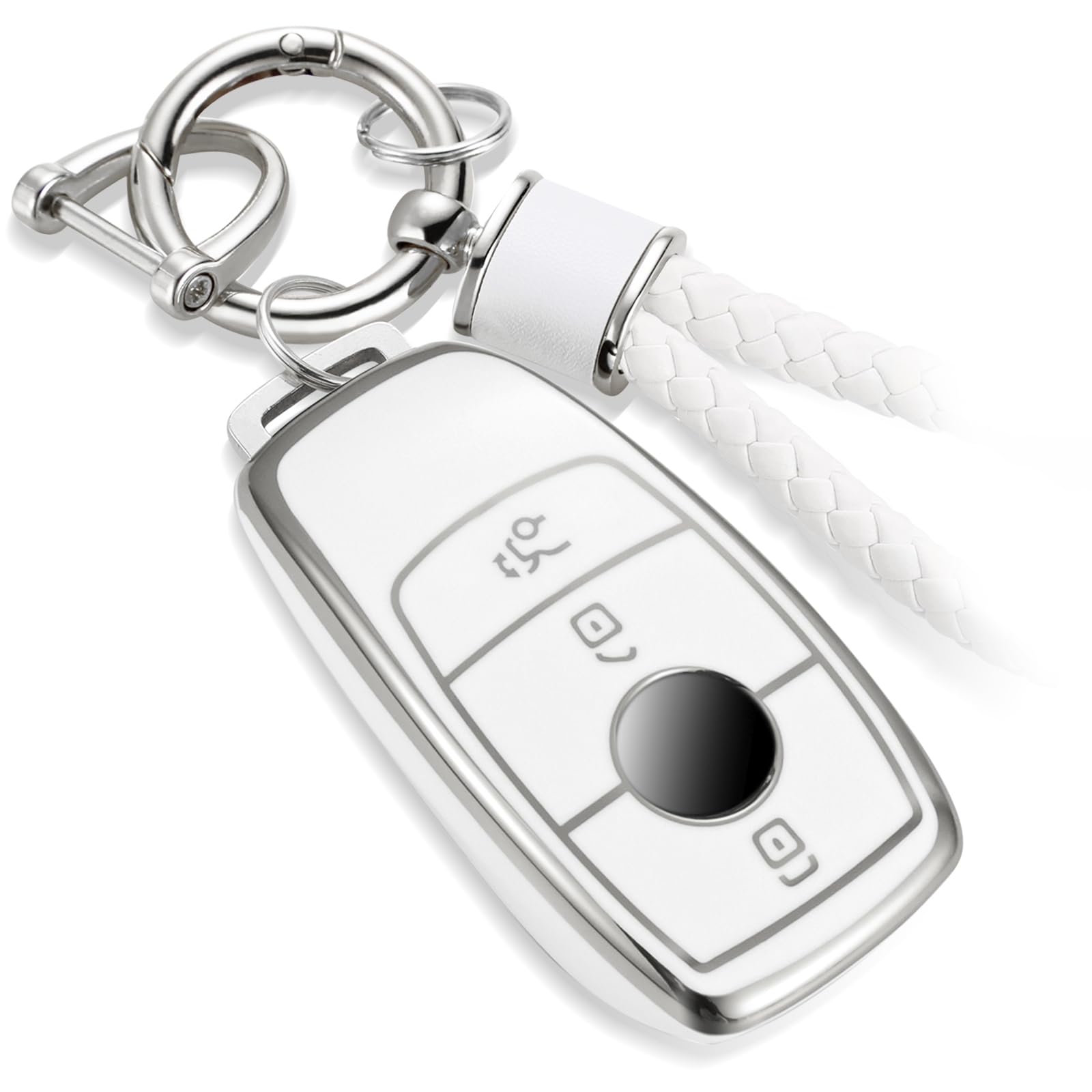 Cadillac Key Fob Cover with Metal Braided Rope Keychain, Upgraded Soft Key Case for 2015-2019 Escalade CTS SRX XT5 ATS STS CT6 (5 Button) (Gold Edge)