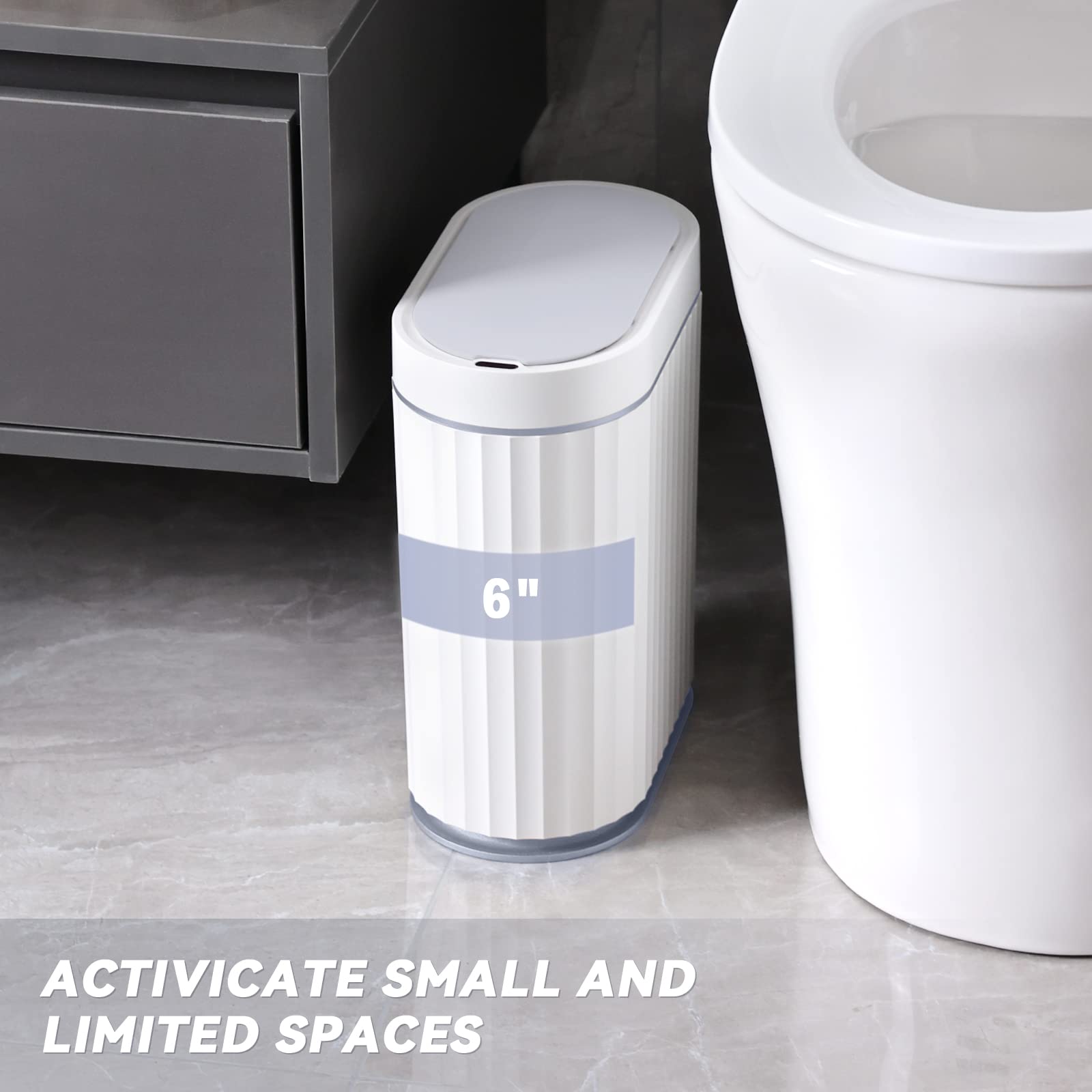 ELPHECO Mini Desktop Trash Can with Lid, Small Slim Automatic Garbage Can, 1.3 Gallon Motion Sensor Countertop Waste Basket for Bedroom, Office, Bathroom, White with Grey Trim