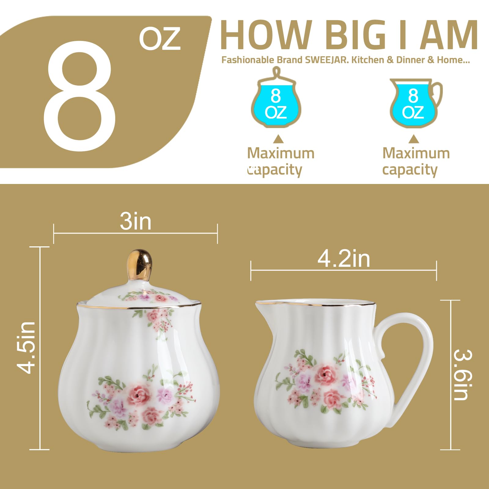 Sweejar Royal Ceramic Sugar and Creamer Set, 3 Piece Set with Cream Pitcher, Sugar Bowl, Sugar Set with Lid & Spoon, Coffee Serving Set Wedding Gift(White)