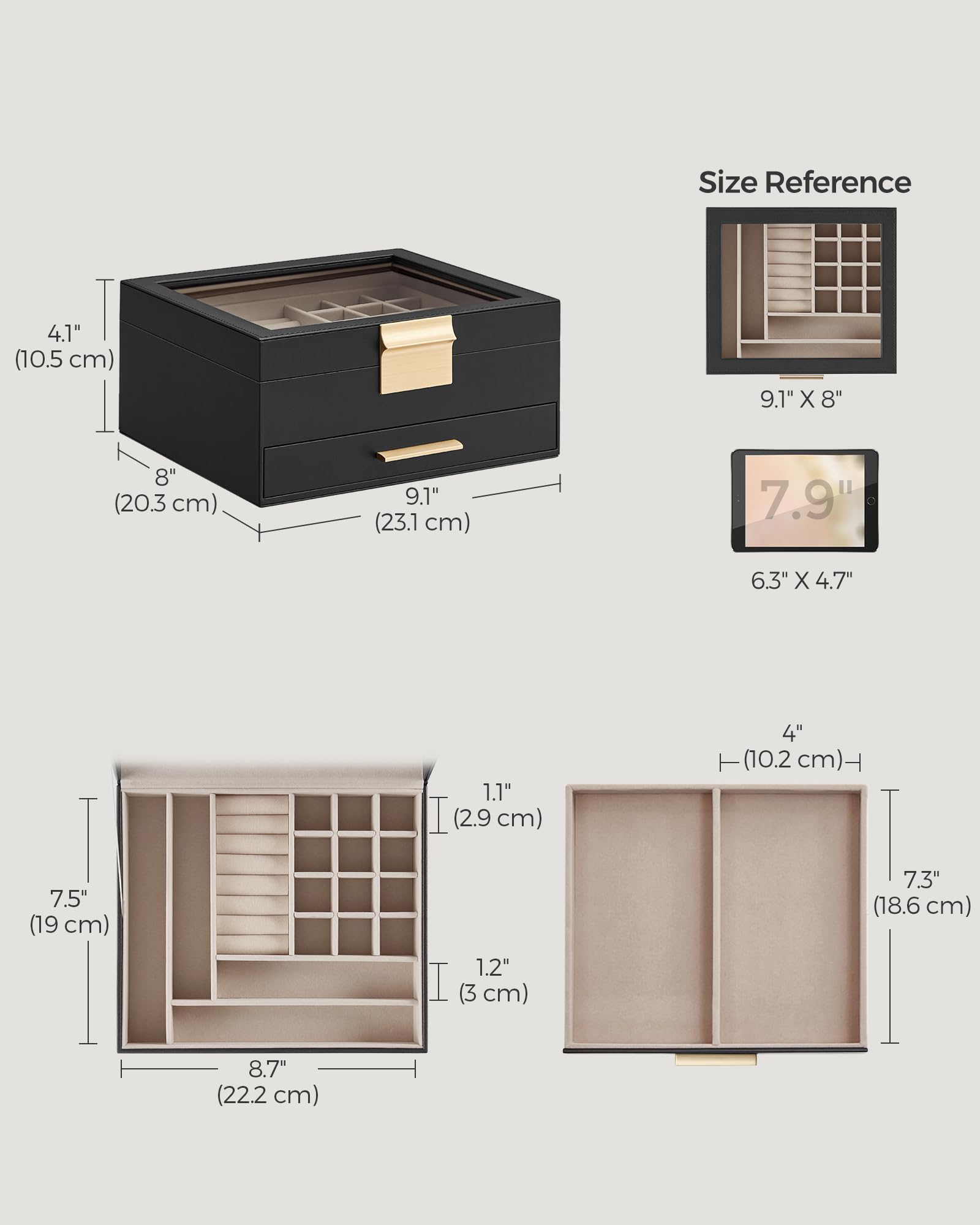 SONGMICS Jewelry Box with Glass Lid, 3-Layer Jewelry Organizer, 2 Drawers, for Big and Small Jewelry, Jewelry Storage, Modern Style, 8 x 9.1 x 5.3 Inches, Cloud White and Gold Color UJBC239WT