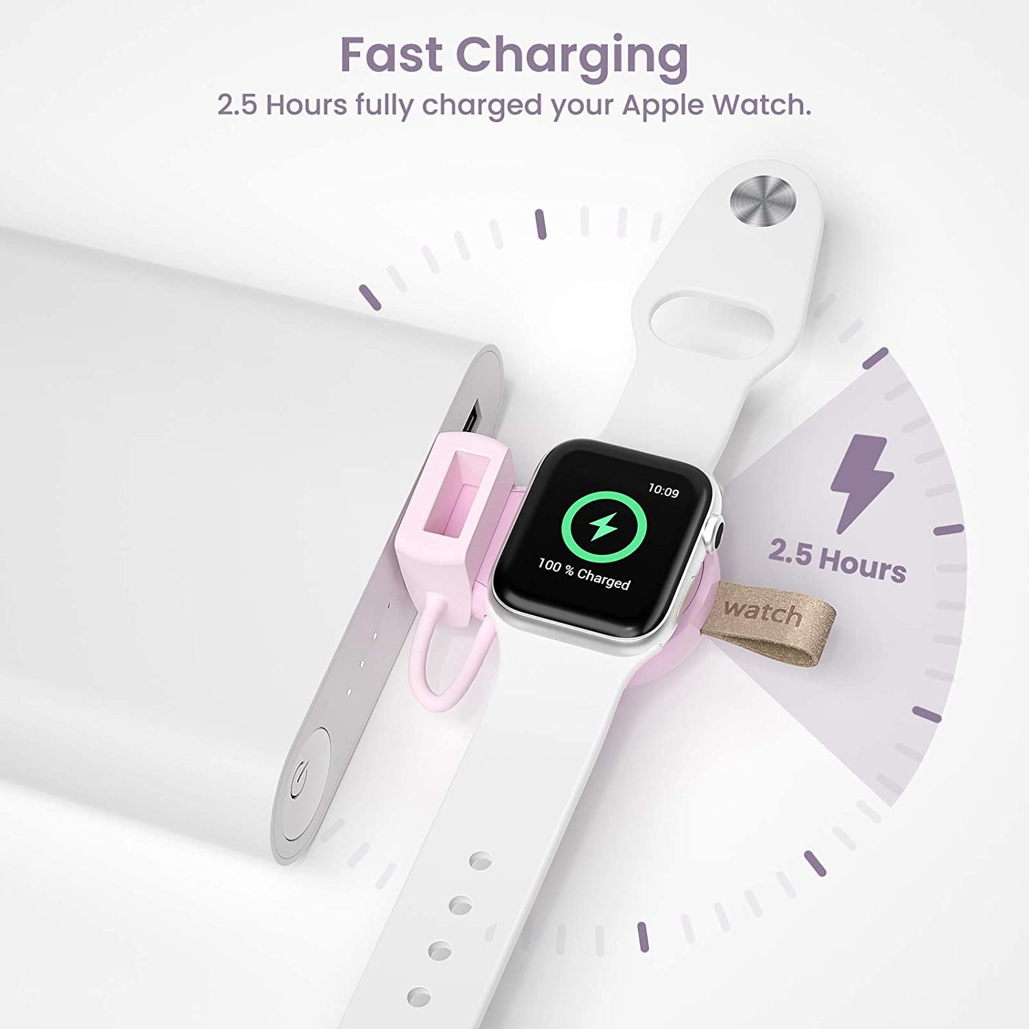 NEWDERY Charger for Apple Watch Portable iWatch USB Wireless Charger, Travel Cordless Charger with Light Weight Magnetic Quick Charge for Apple Watch Ultra 2 Series 9 8 7 6 5 4 3 2 1 SE, White