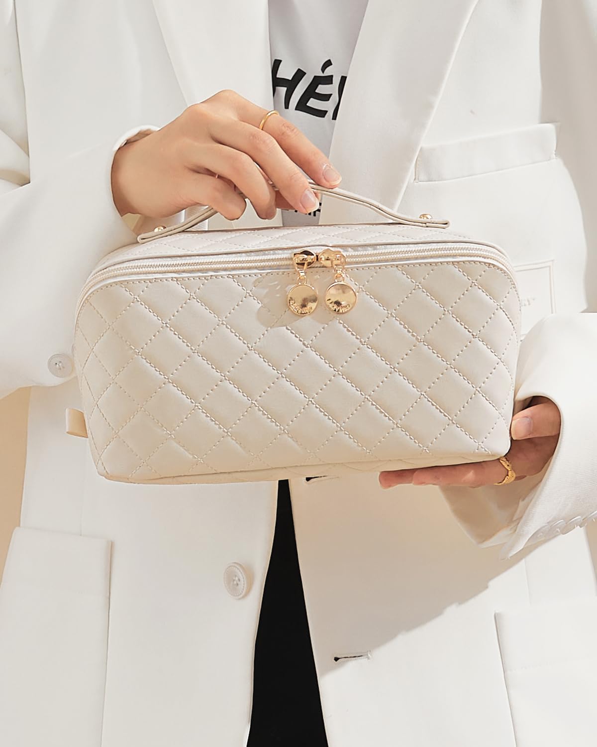 EACHY Travel Makeup Bag,Large Capacity Cosmetic Bags for Women,Waterproof Portable Pouch Open Flat Toiletry Bag Make up Organizer with Divider and Handle