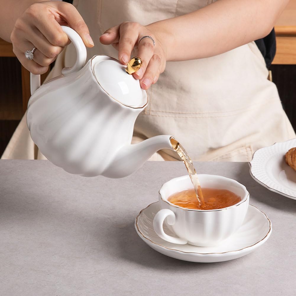 Sweejar Royal Teapot, Ceramic Tea Pot with Removable Stainless Steel Infuser, Blooming & Loose Leaf Teapot - 28 Ounce(White)