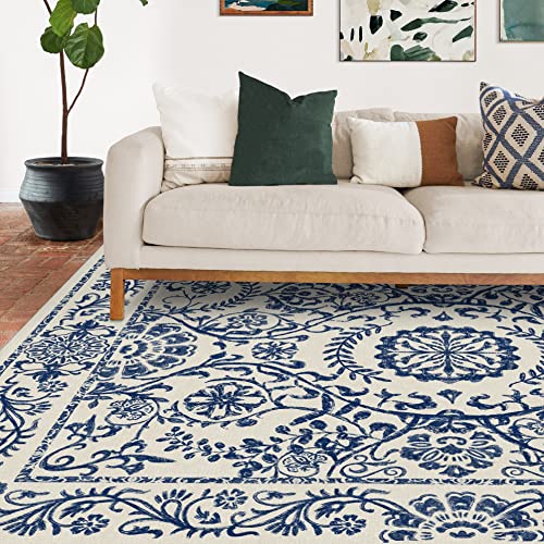 RUGGABLE Washable 2x3 Area Rug, Delphina Delft Blue, Premium Vintage Rugs for Living Room, Bedroom, Kitchen, Office, Classroom with Gripper Non Slip Pad