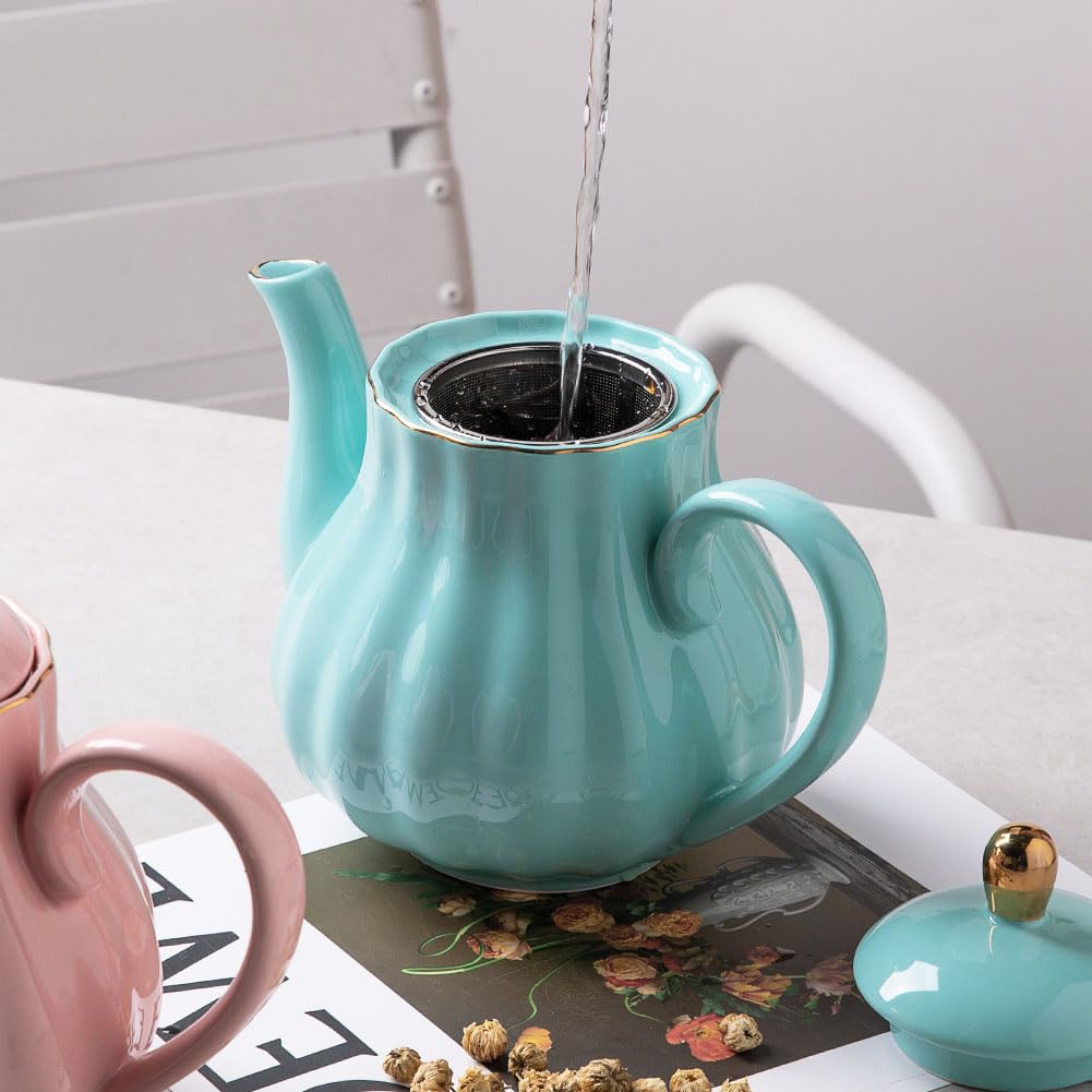 Sweejar Royal Teapot, Ceramic Tea Pot with Removable Stainless Steel Infuser, Blooming & Loose Leaf Teapot - 28 Ounce(White)