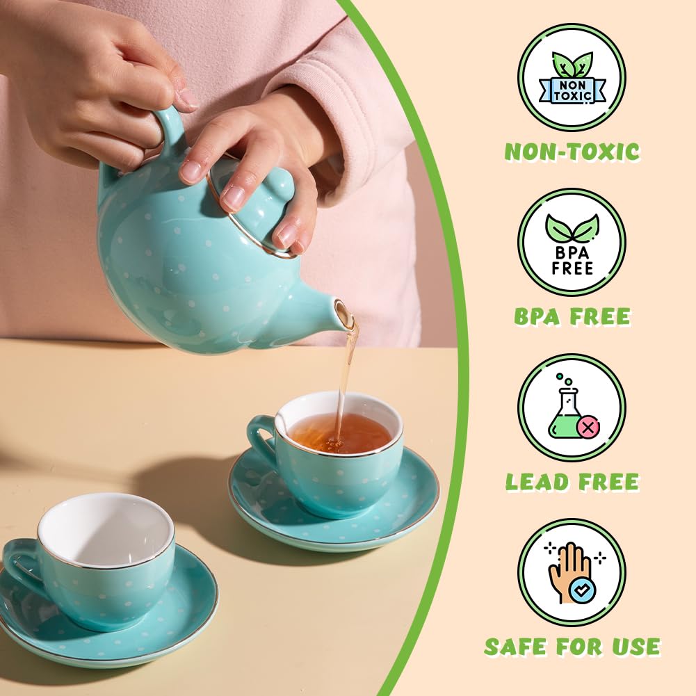 Sweejar Porcelain Tea Set for Little Girls,Kitchen Toys Tea Party Set for Kids Toddler Kitchen Pretend Toy Include Children Teapot, Cup & Saucer Set of 4, Sugar Bowl and Cream Pitcher(Pink Polka Dot)