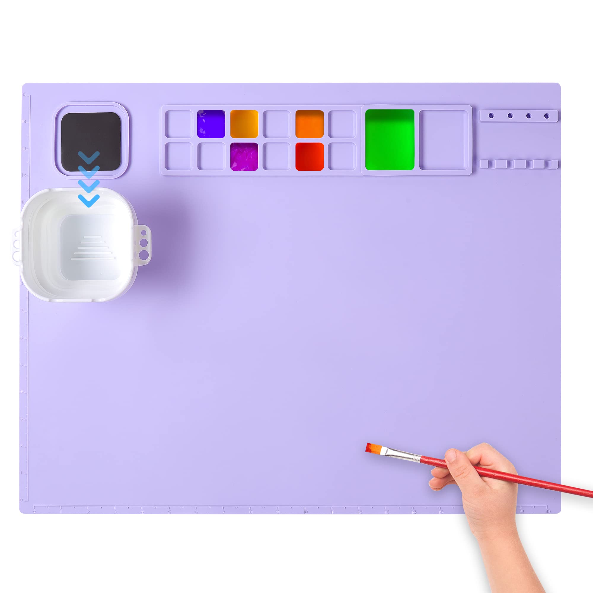 AWOKE Silicone Painting Mat - 20"X16" Silicone Art Mat with 1 Water Cup for Kids - Silcone Craft Mat has12 Color Dividers - 2 Paint Dividers (White)