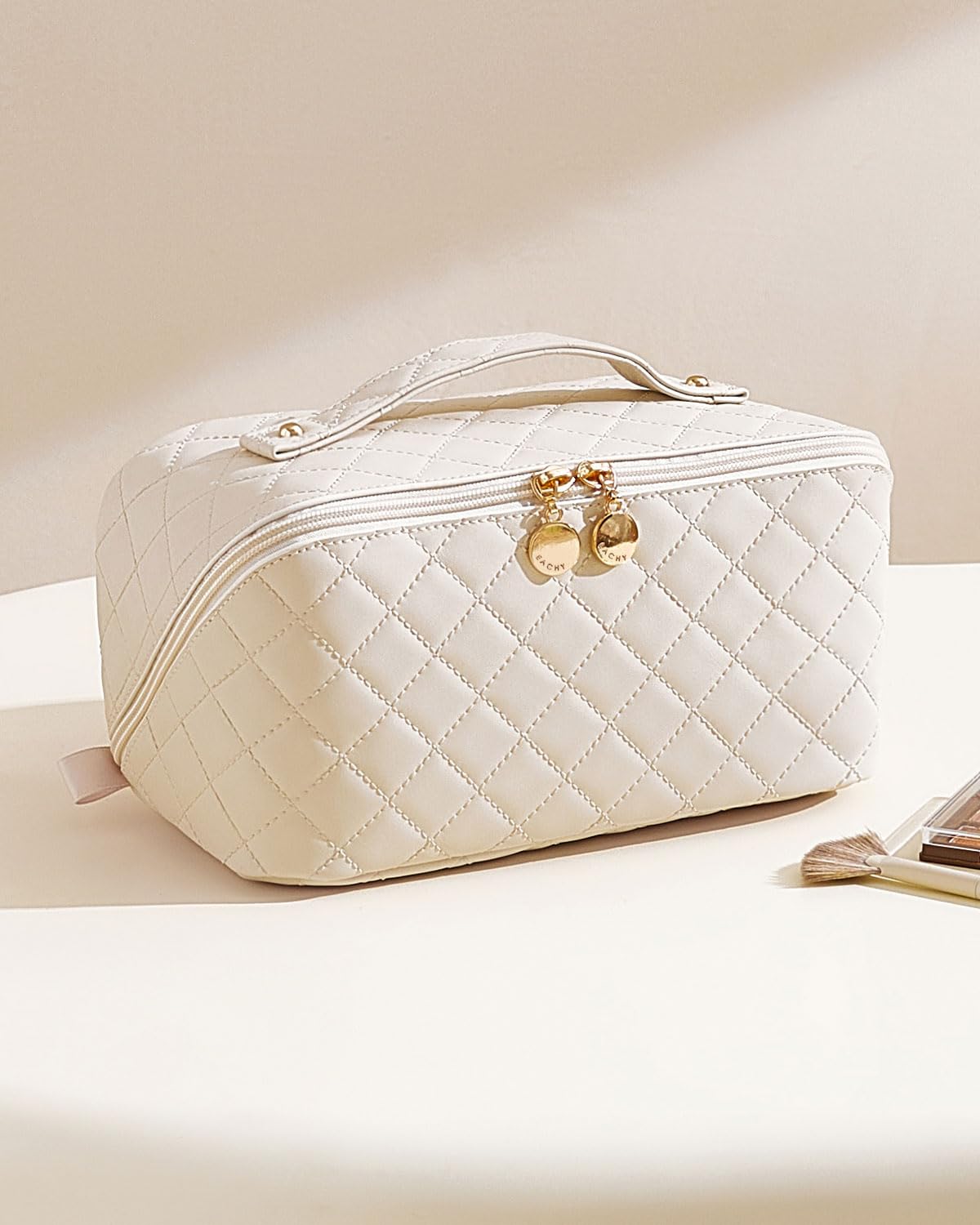 EACHY Travel Makeup Bag,Large Capacity Cosmetic Bags for Women,Waterproof Portable Pouch Open Flat Toiletry Bag Make up Organizer with Divider and Handle