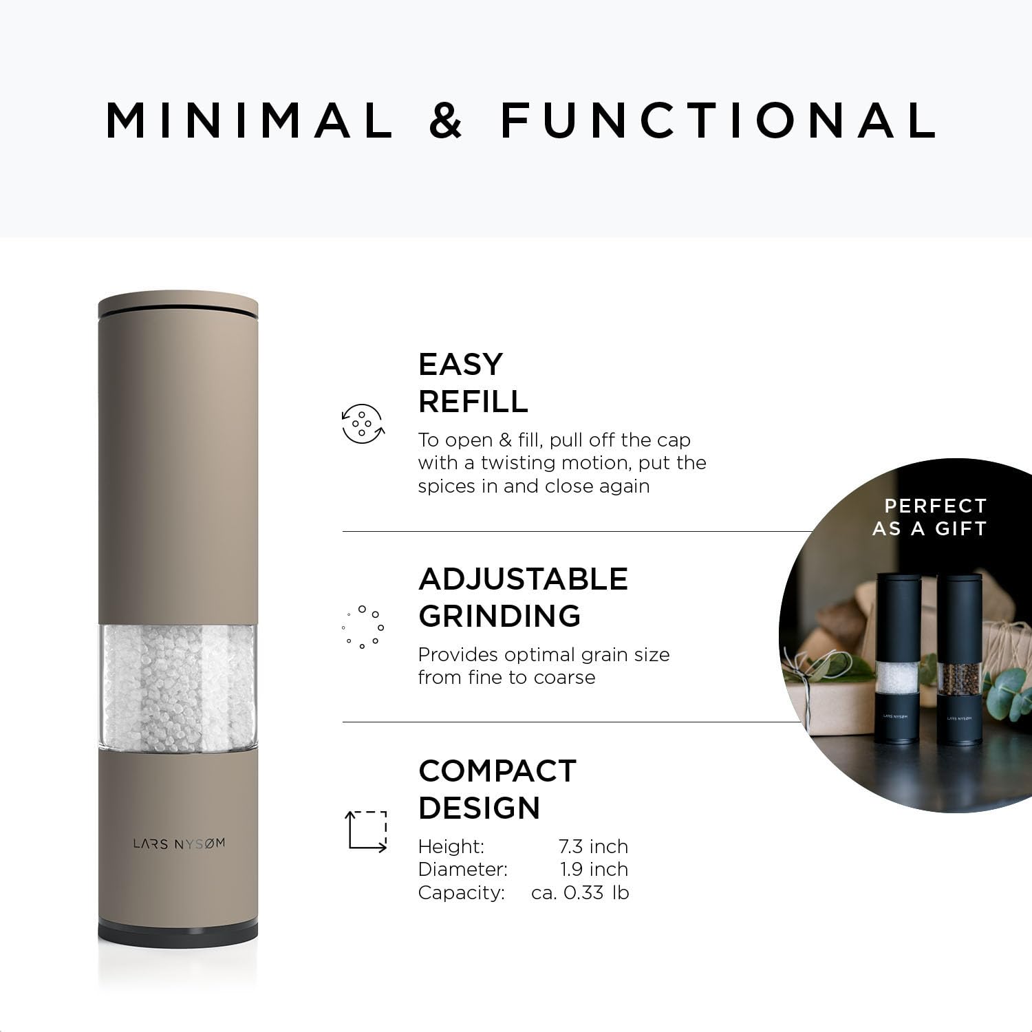 LARS NYSØM Salt and Pepper Mills Set Stainless Steel with Adjustable Ceramic Grinder 2 Pieces I Design Spice Mills Set Manual (Brown/Beige)