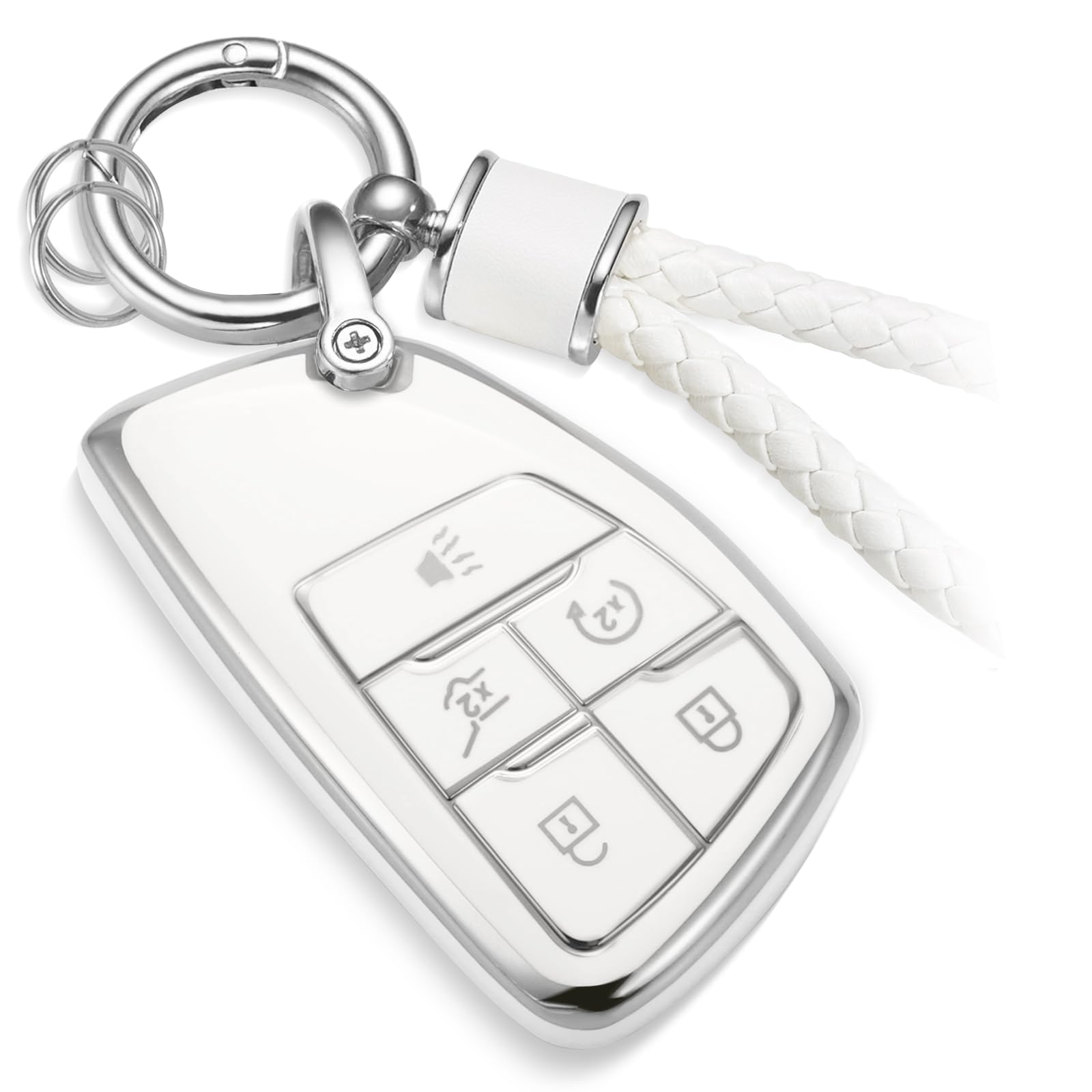 Cadillac Key Fob Cover with Metal Braided Rope Keychain, Upgraded Soft Key Case for 2015-2019 Escalade CTS SRX XT5 ATS STS CT6 (5 Button) (Gold Edge)