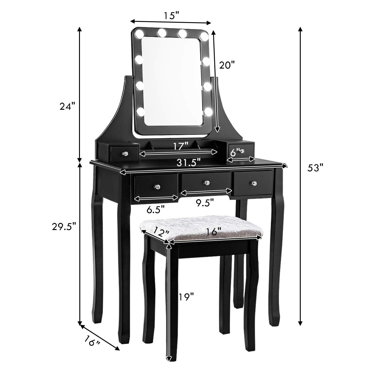 DORTALA Vanity Table Set with 360° Mirror & Cushioned Stool, Makeup Table with 10 LED Dimmable Bulbs, Bedroom Wood Dressing Table with 5 Drawers and Removable Box Organizer, Gift for Females (White)