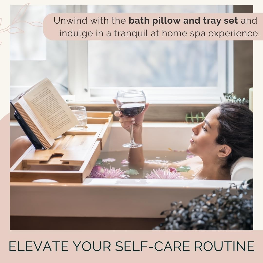 Bathtub Tray and Luxury Bath Pillow Set - Expandable Bath Tray for Tub and Deluxe Bathtub Pillow for Tub for Ultimate Relaxation - Perfect Bath Accessories for Women, Spa Gifts for Women.