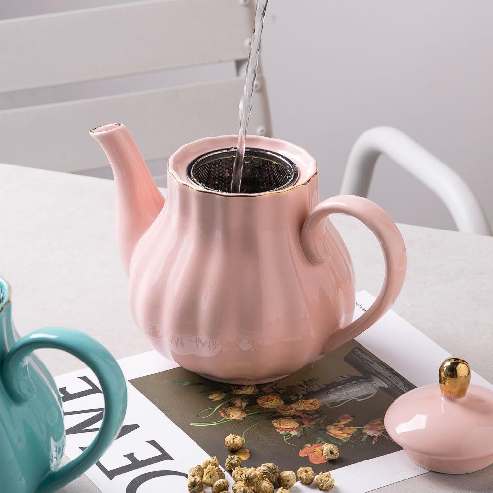 Sweejar Royal Teapot, Ceramic Tea Pot with Removable Stainless Steel Infuser, Blooming & Loose Leaf Teapot - 28 Ounce(White)
