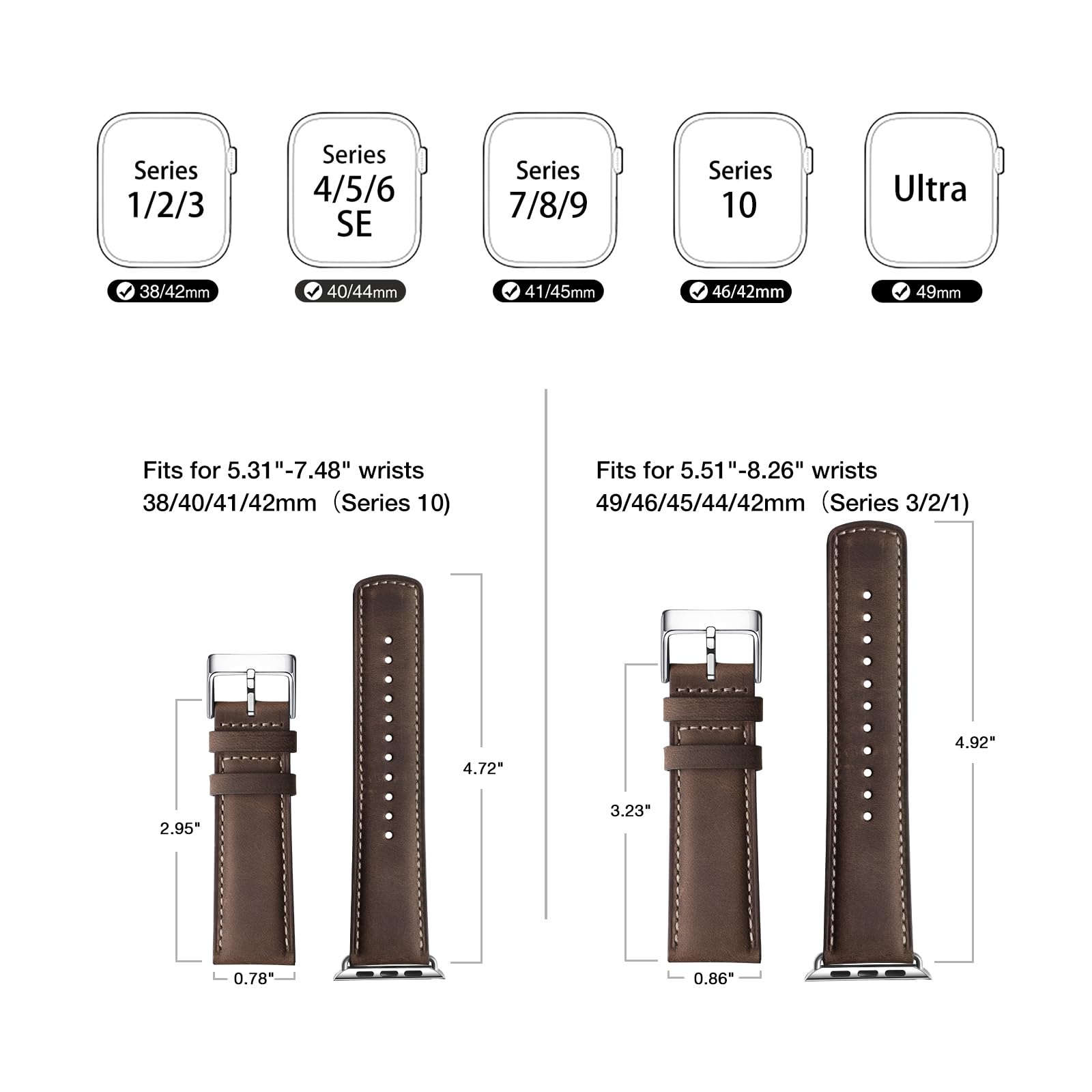 Bestig Compatible with Apple Watch Band 49mm 46mm 45mm 44mm 42mm(Series 3 2 1) Apple Watch Leather Bands Genuine Leather for iWatch Strap Ultra Series 10 9 8 7 6 5 4 SE Women Man-Redbrown/Black